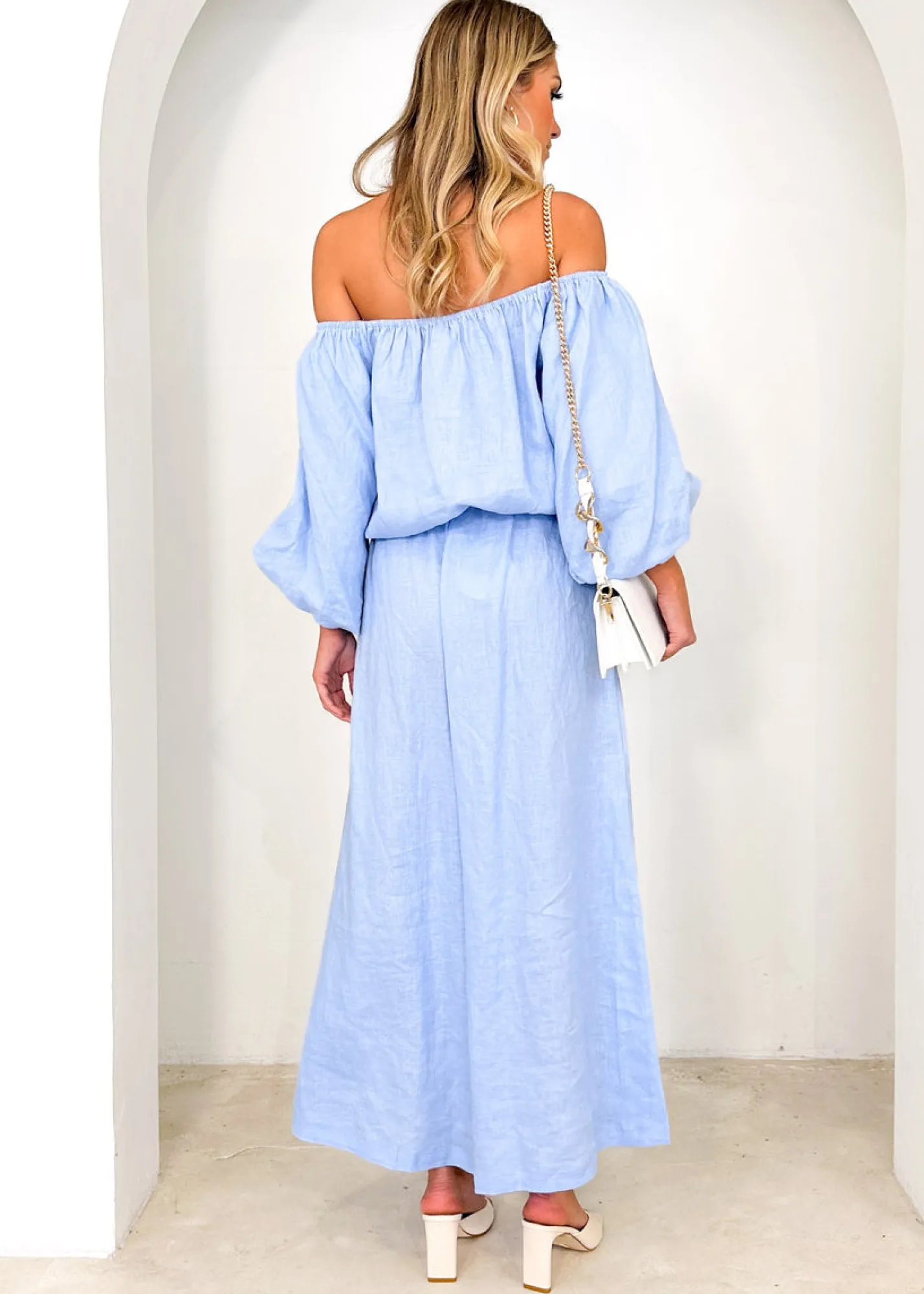 Women Gingham & Heels Sets>Chia Off Shoulder Linen Blouse