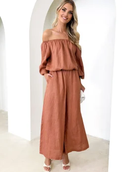 Women Gingham & Heels Blouses>Chia Off Shoulder Linen Blouse