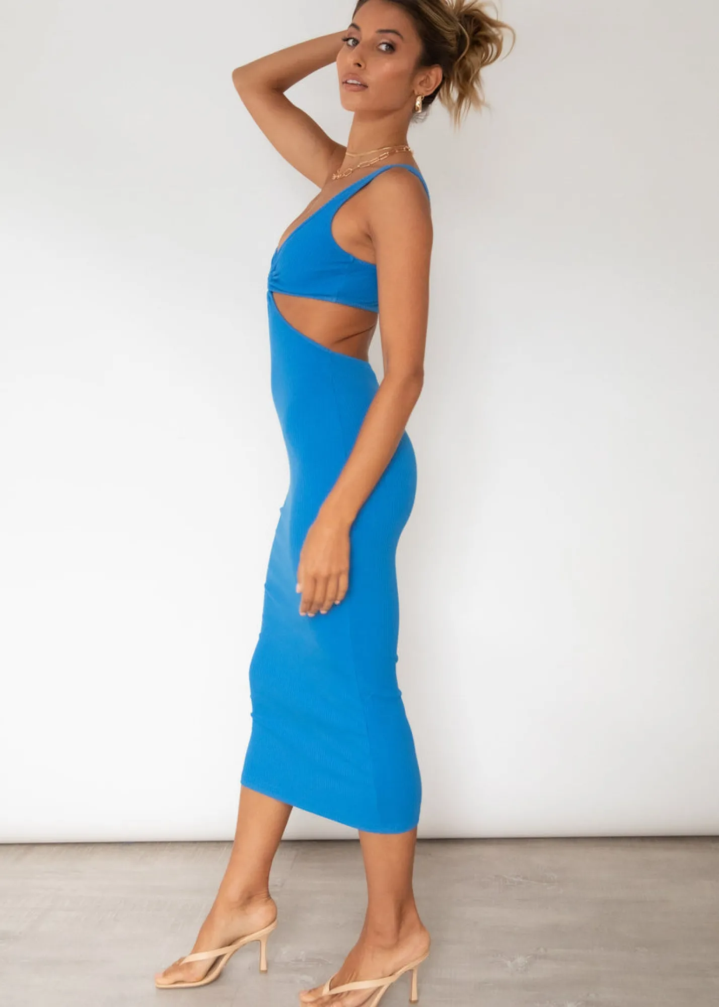 Women Gingham & Heels Knit Dresses>Diego Cut Out Knit Midi Dress