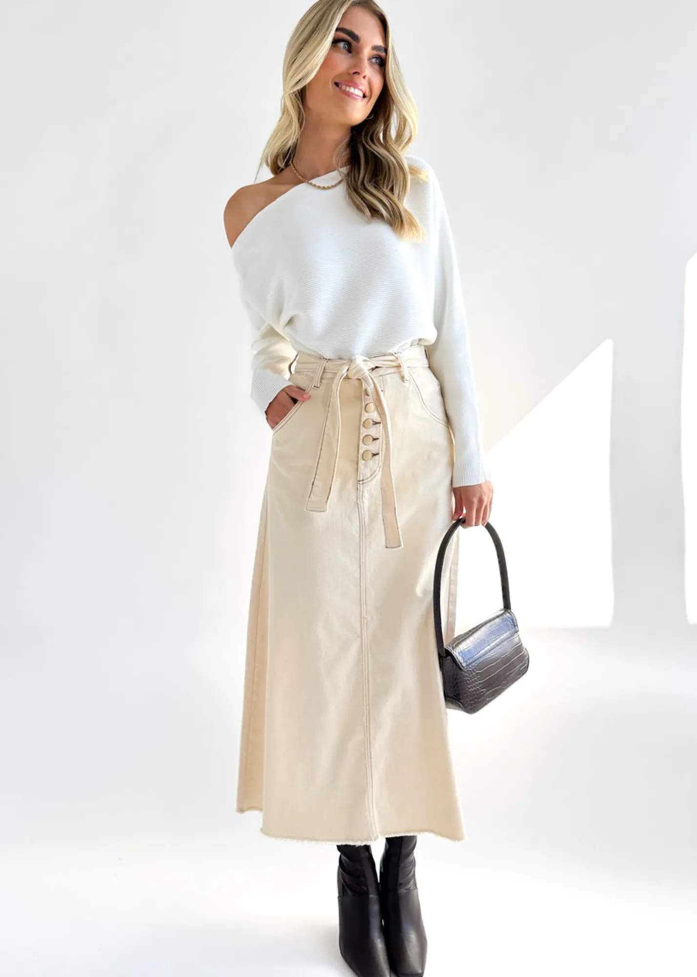 Women Gingham & Heels Skirts>Eddison Stretch Denim Maxi Skirt