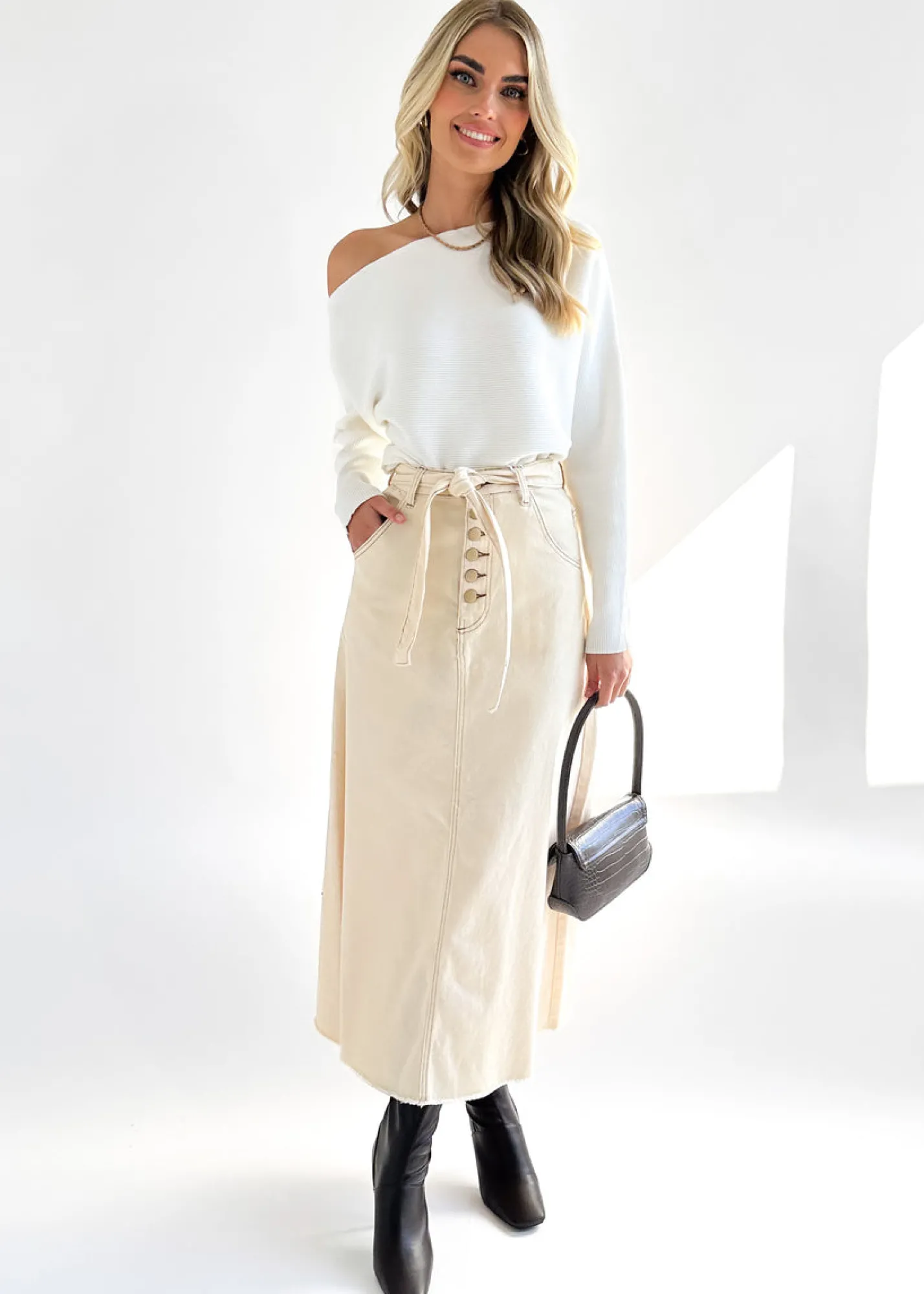 Women Gingham & Heels Skirts>Eddison Stretch Denim Maxi Skirt