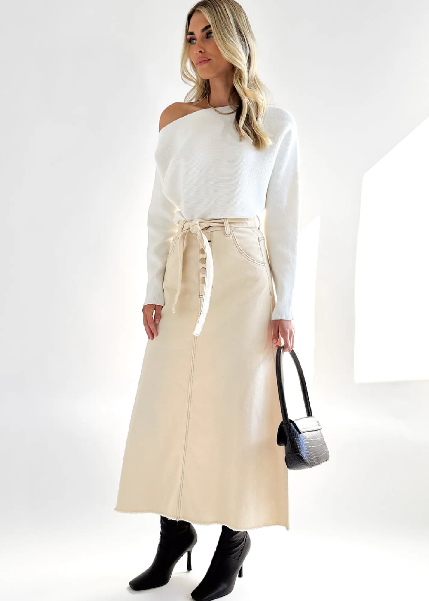Women Gingham & Heels Skirts>Eddison Stretch Denim Maxi Skirt