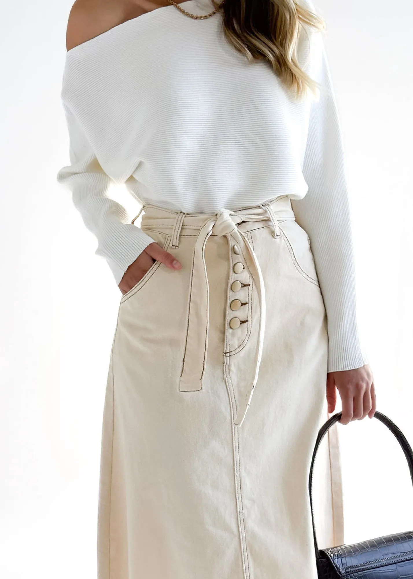 Women Gingham & Heels Skirts>Eddison Stretch Denim Maxi Skirt