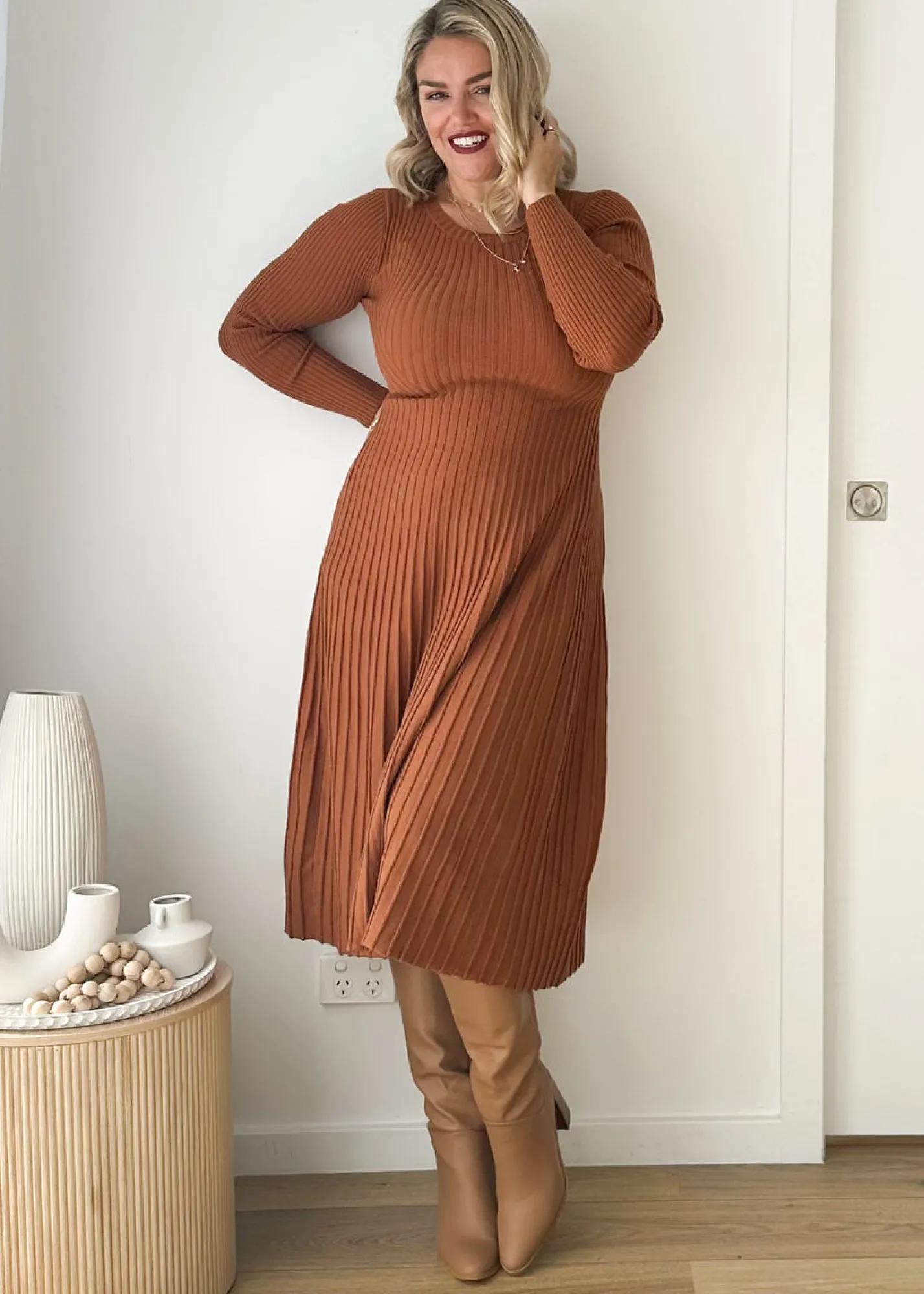Women Gingham & Heels Knit Dresses>Everly Knit Midi Dress