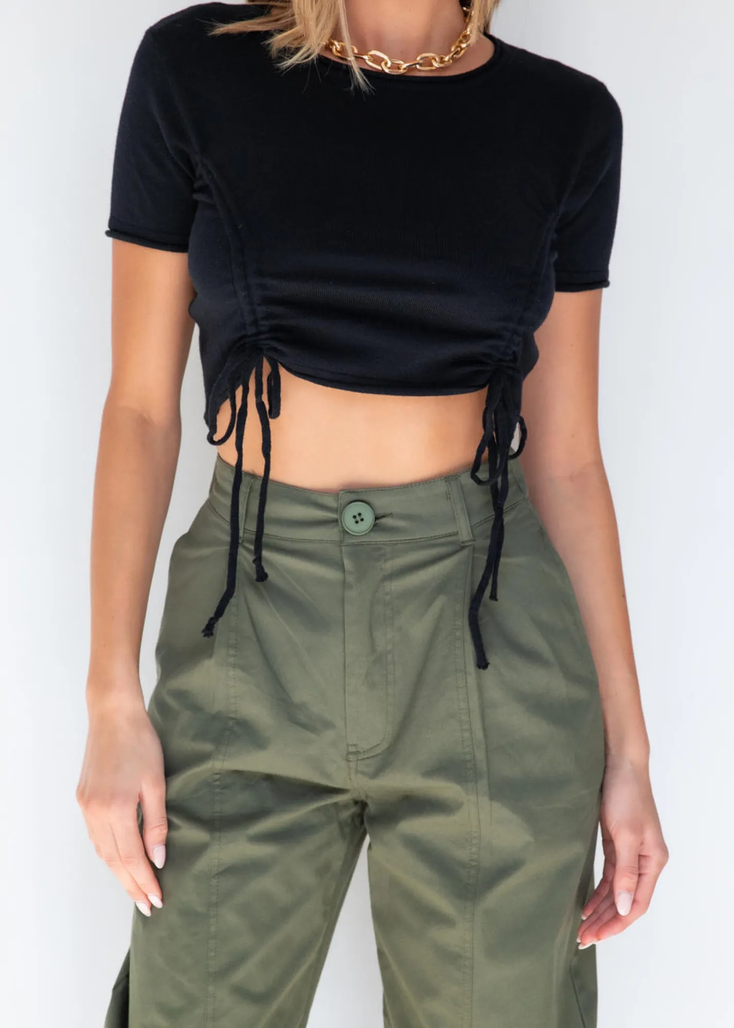 Women Gingham & Heels Crops>Farrah Ruched Knit Crop