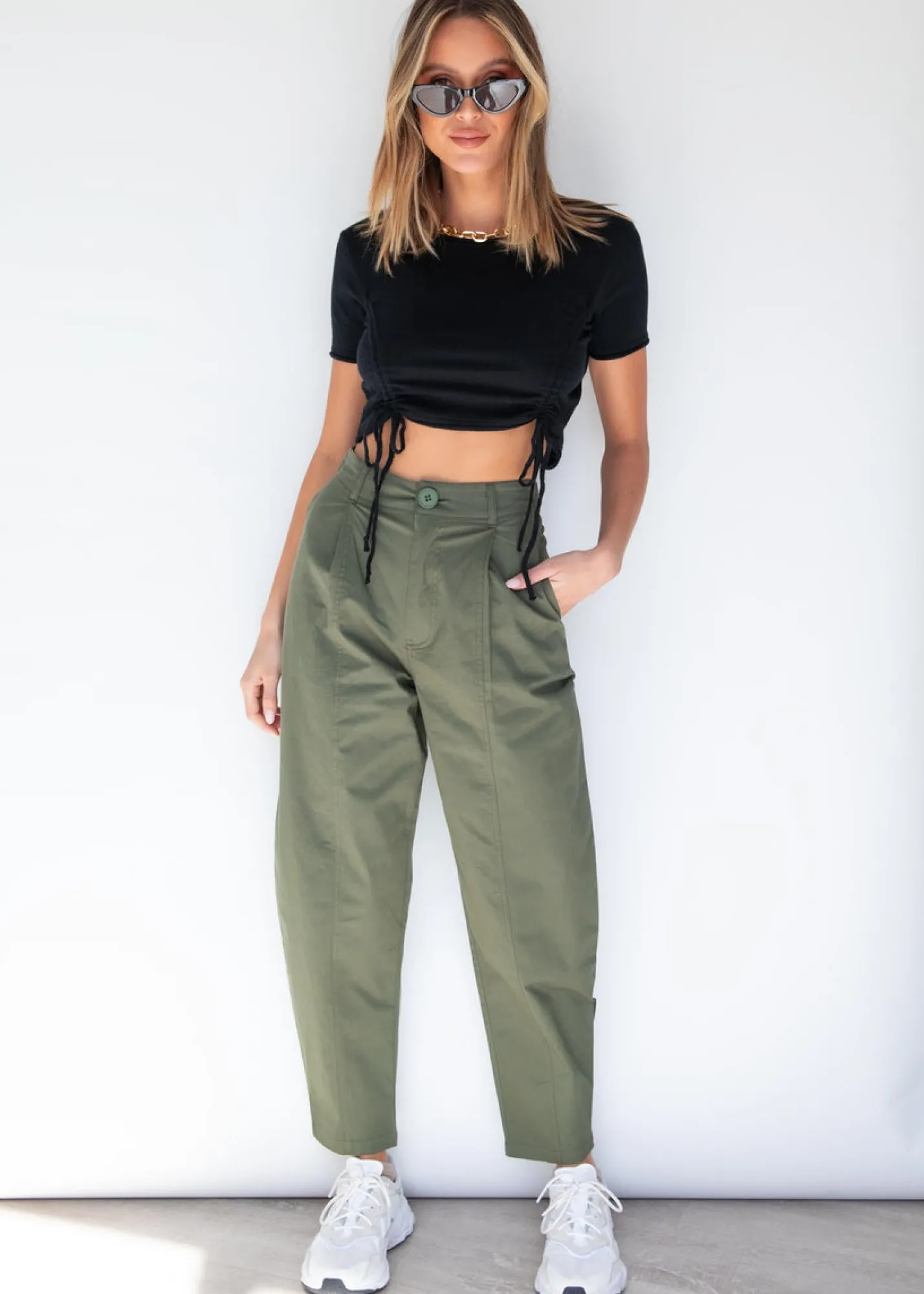 Women Gingham & Heels Crops>Farrah Ruched Knit Crop
