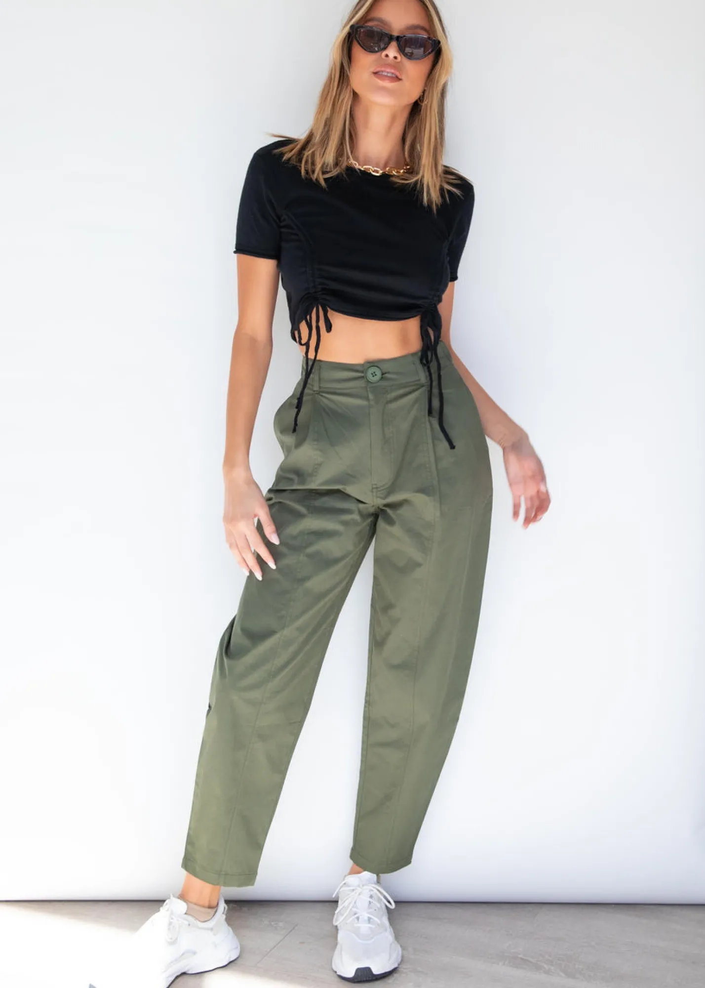 Women Gingham & Heels Crops>Farrah Ruched Knit Crop