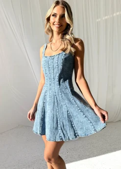 Women Gingham & Heels Short>Folia Denim Dress