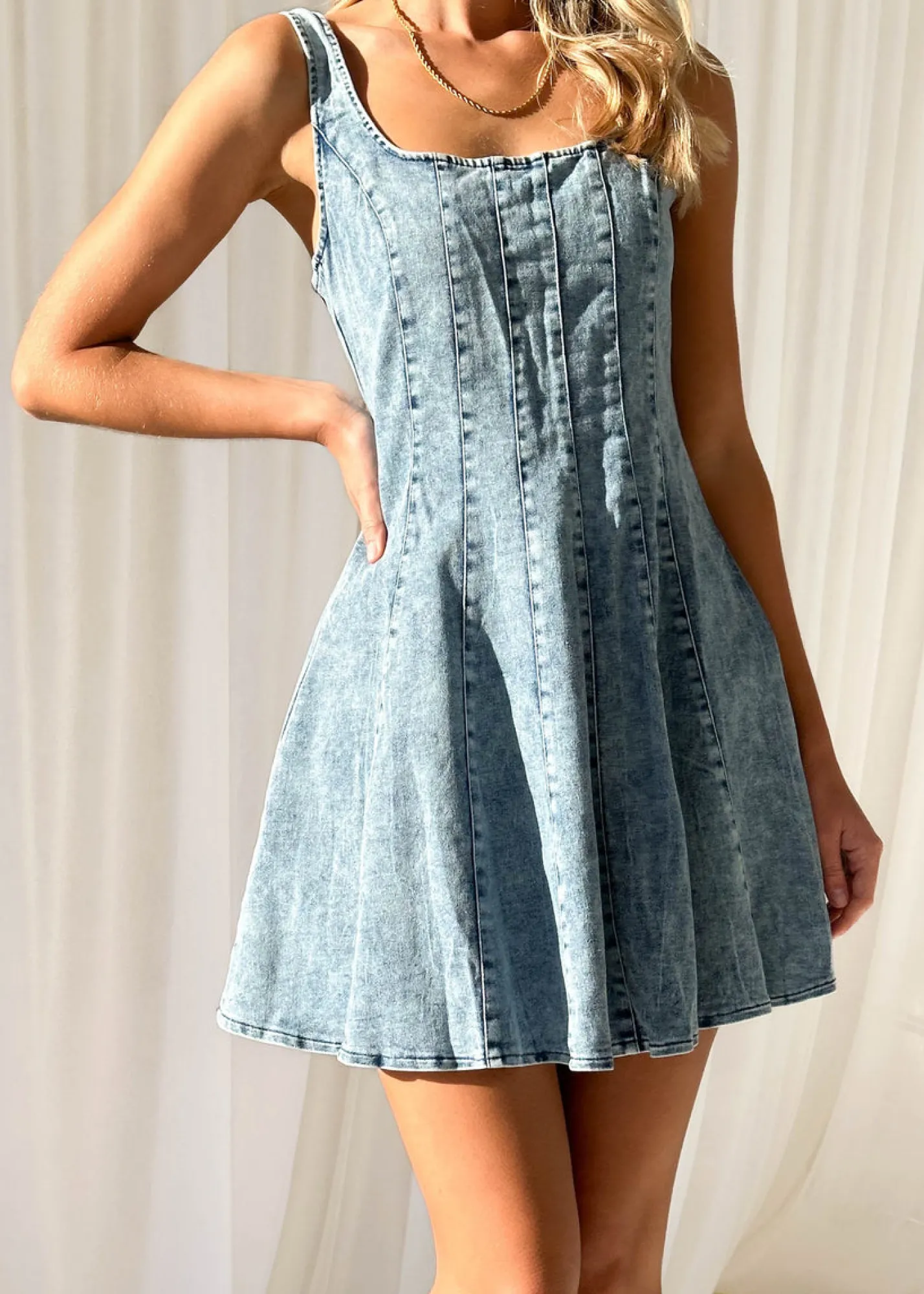 Women Gingham & Heels Short>Folia Denim Dress