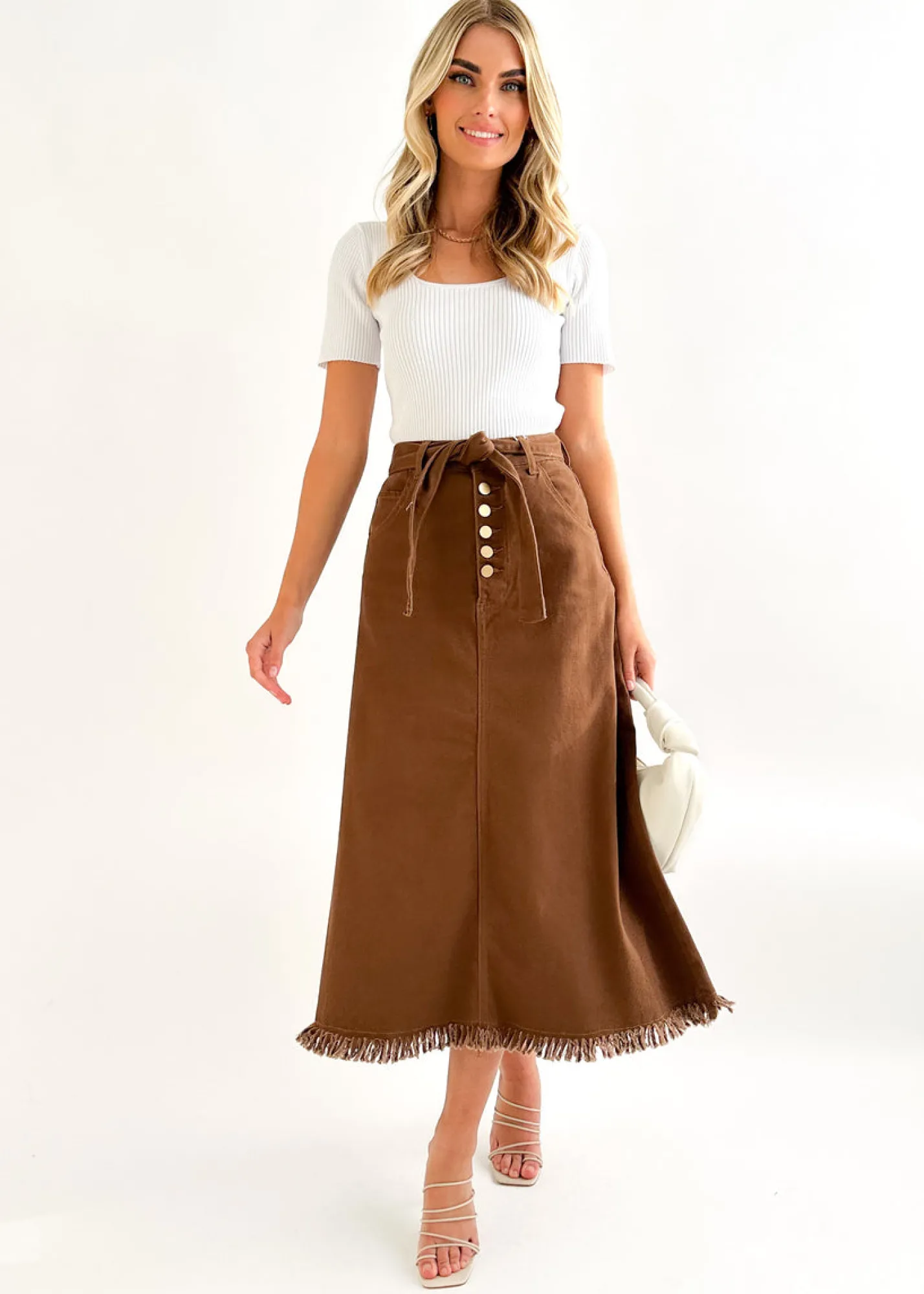Women Gingham & Heels Skirts>Keila Stretch Denim Midi Skirt