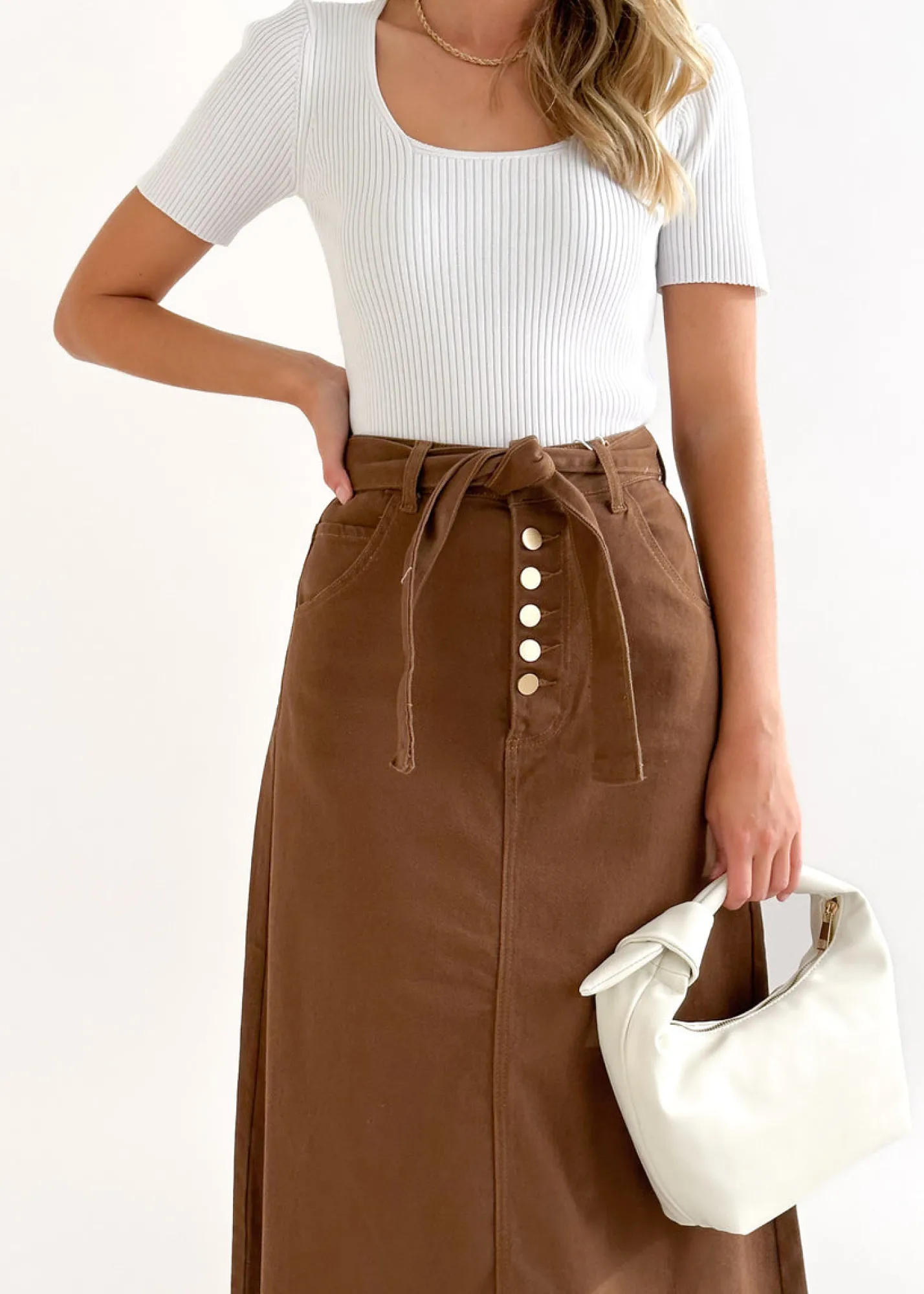 Women Gingham & Heels Skirts>Keila Stretch Denim Midi Skirt