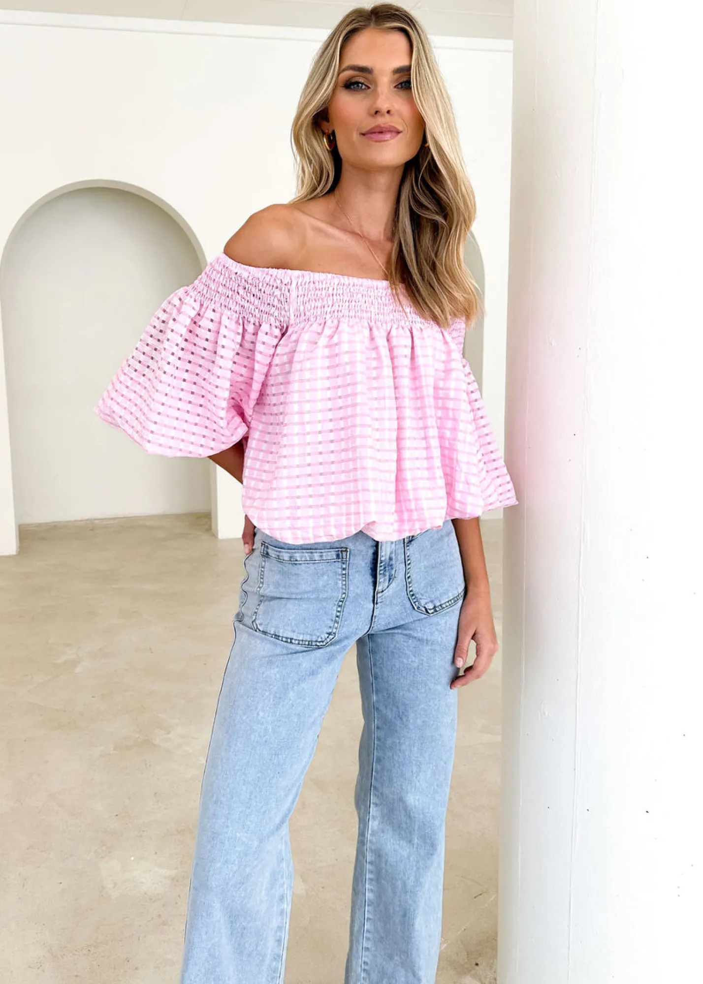 Women Gingham & Heels Blouses>Keke Off Shoulder Blouse