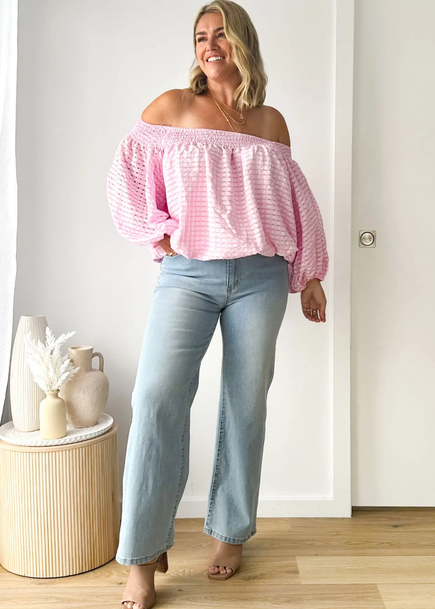 Women Gingham & Heels Blouses>Keke Off Shoulder Blouse