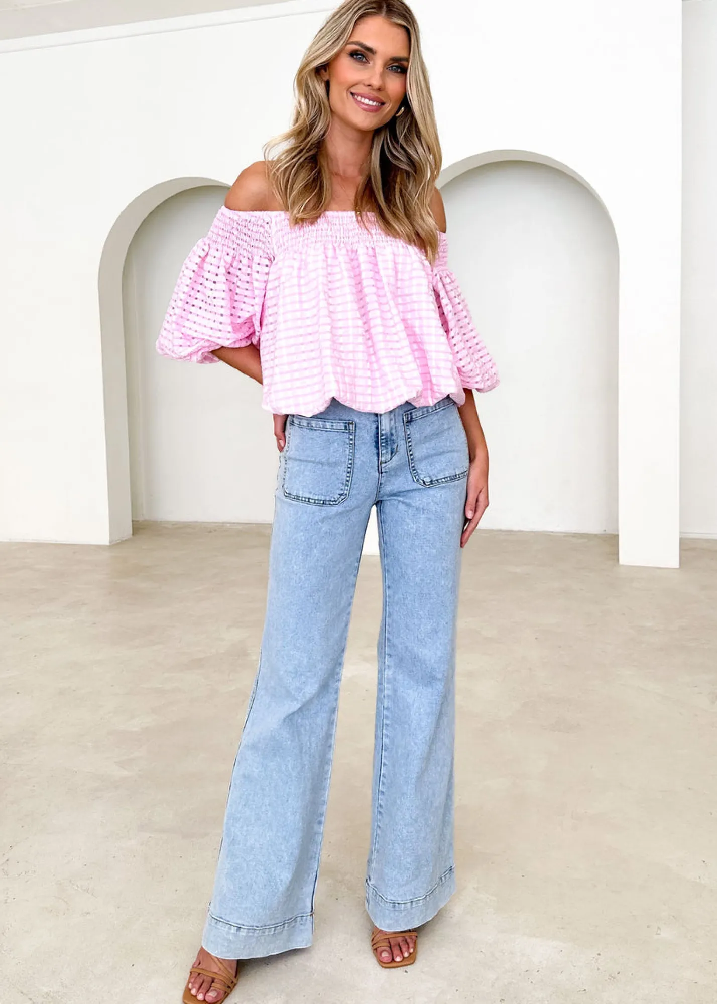Women Gingham & Heels Blouses>Keke Off Shoulder Blouse