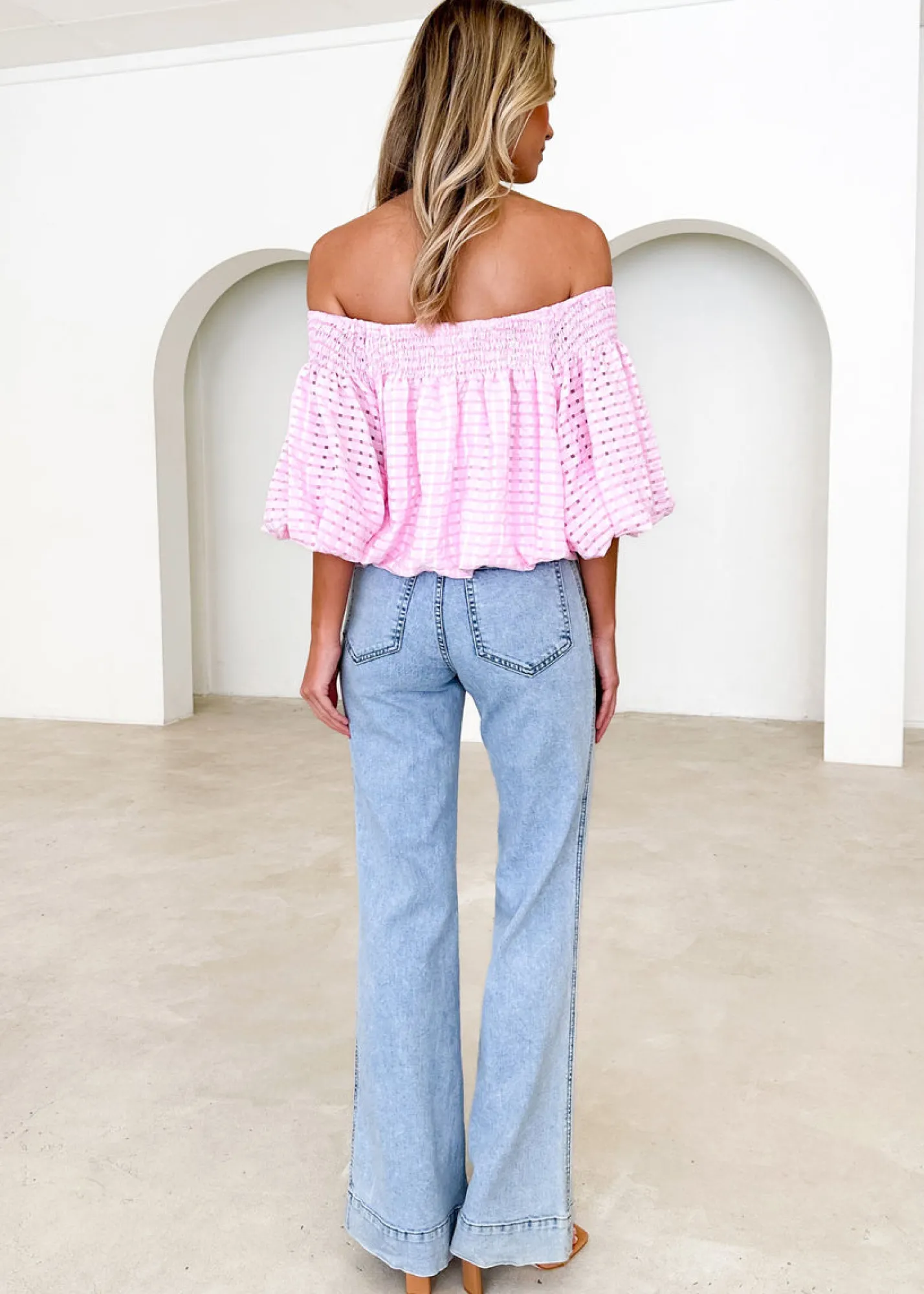 Women Gingham & Heels Blouses>Keke Off Shoulder Blouse