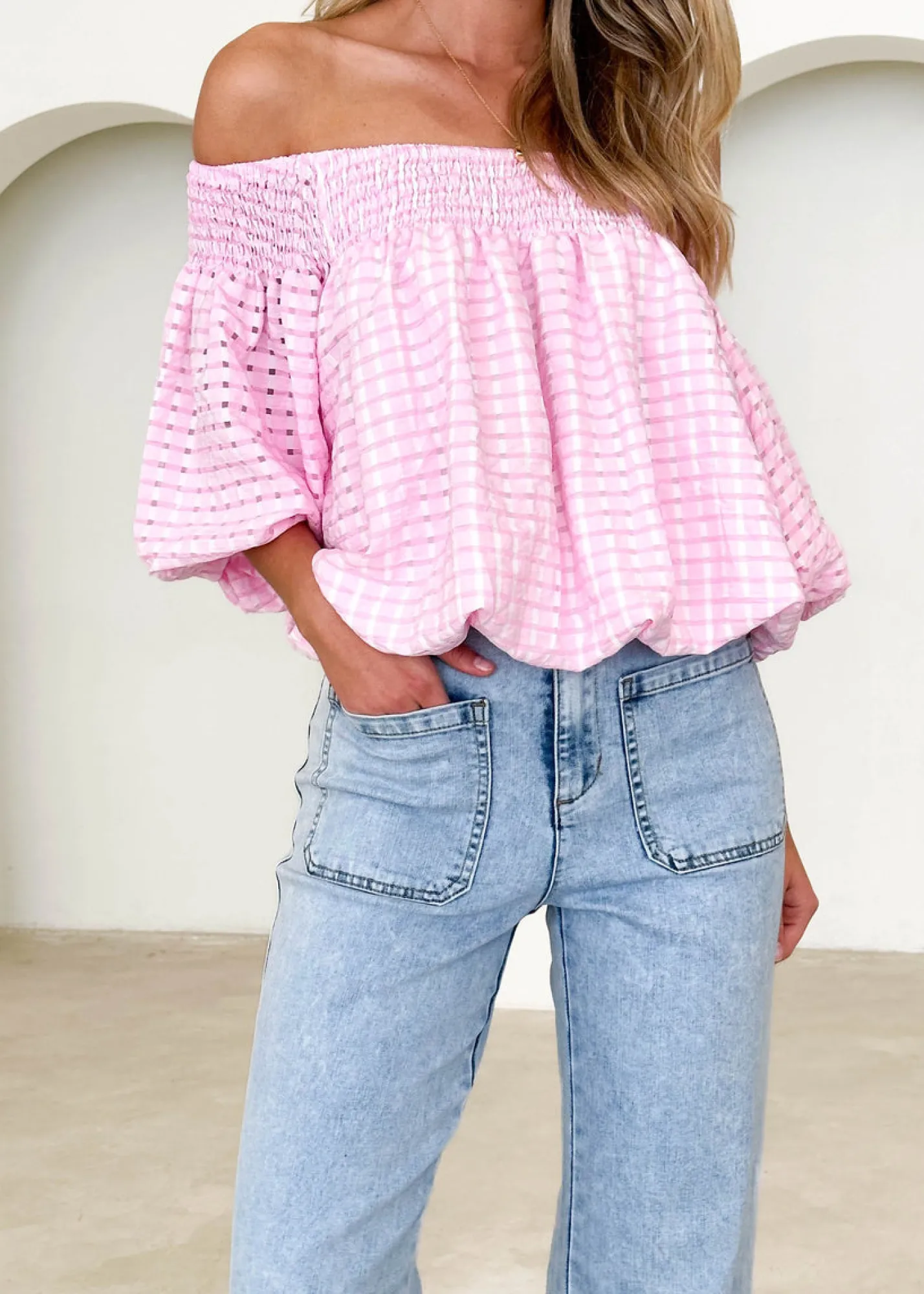 Women Gingham & Heels Blouses>Keke Off Shoulder Blouse