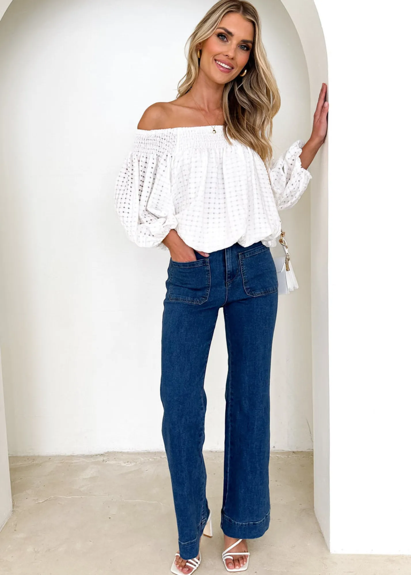 Women Gingham & Heels Blouses>Keke Off Shoulder Blouse