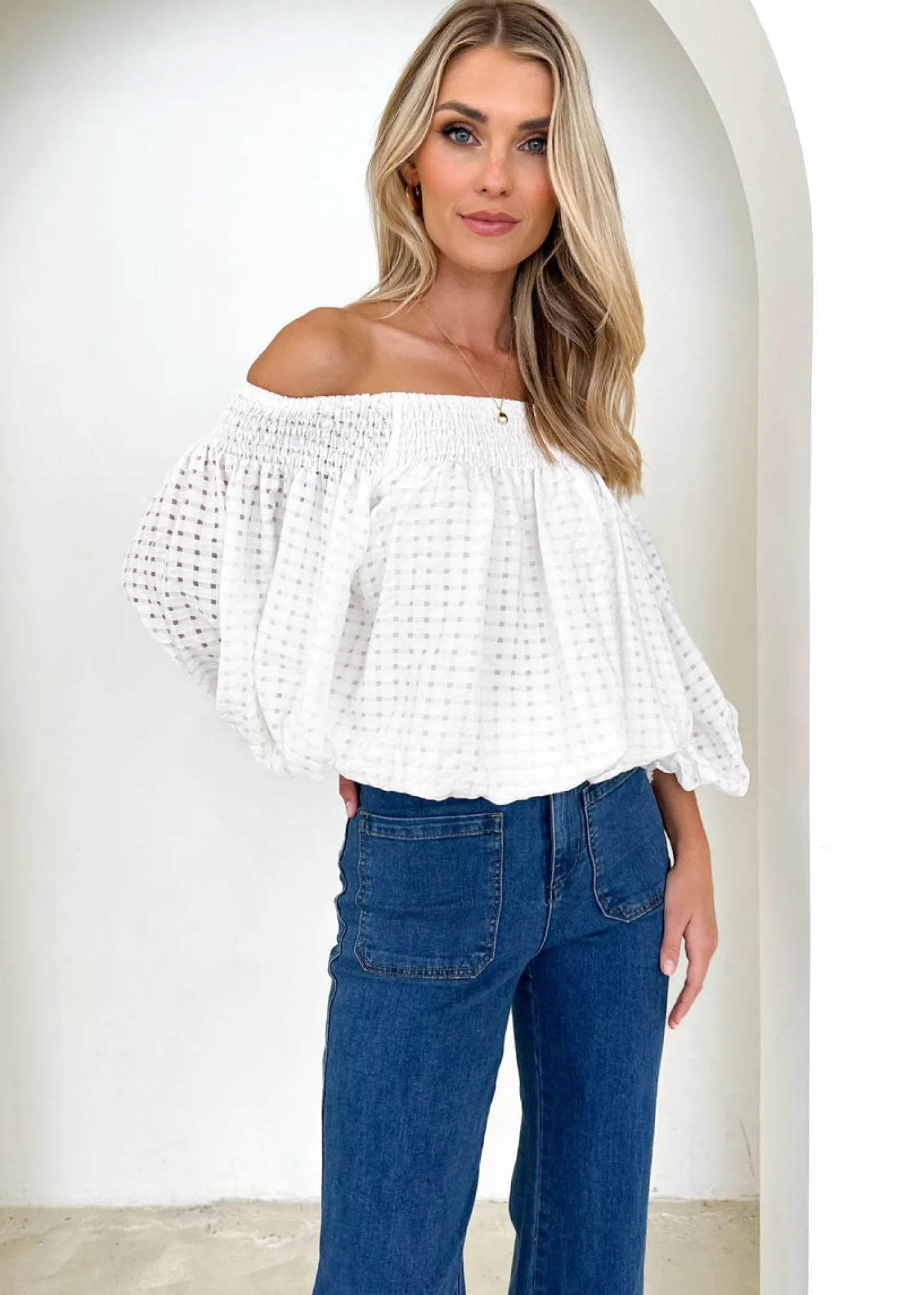 Women Gingham & Heels Blouses>Keke Off Shoulder Blouse