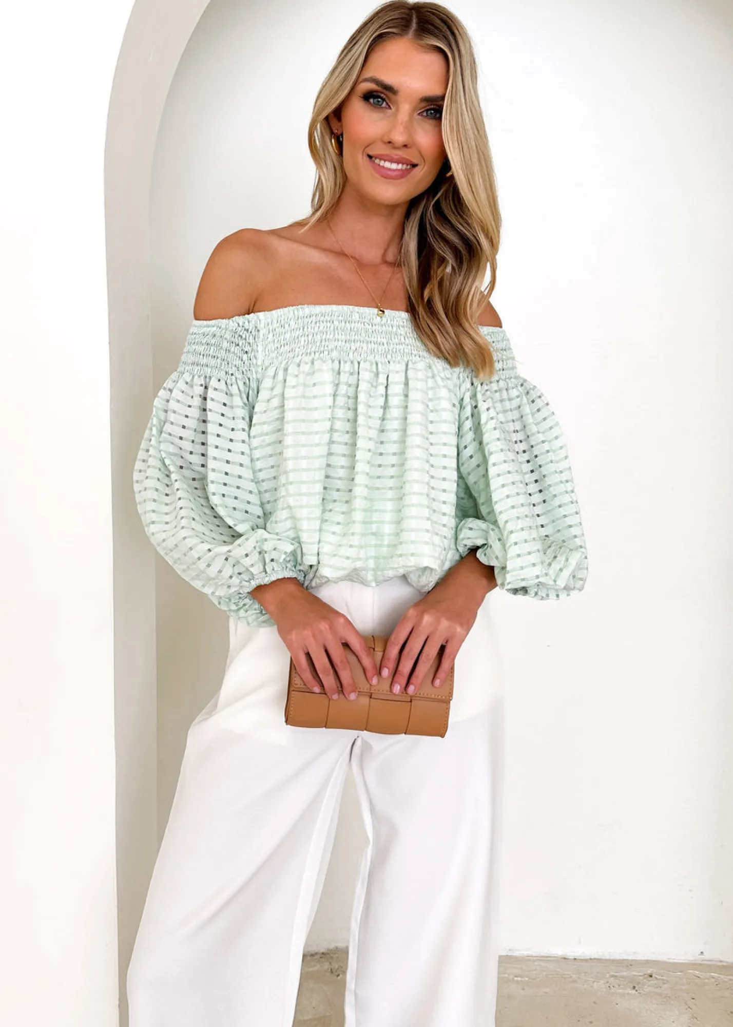 Women Gingham & Heels Blouses>Keke Off Shoulder Blouse