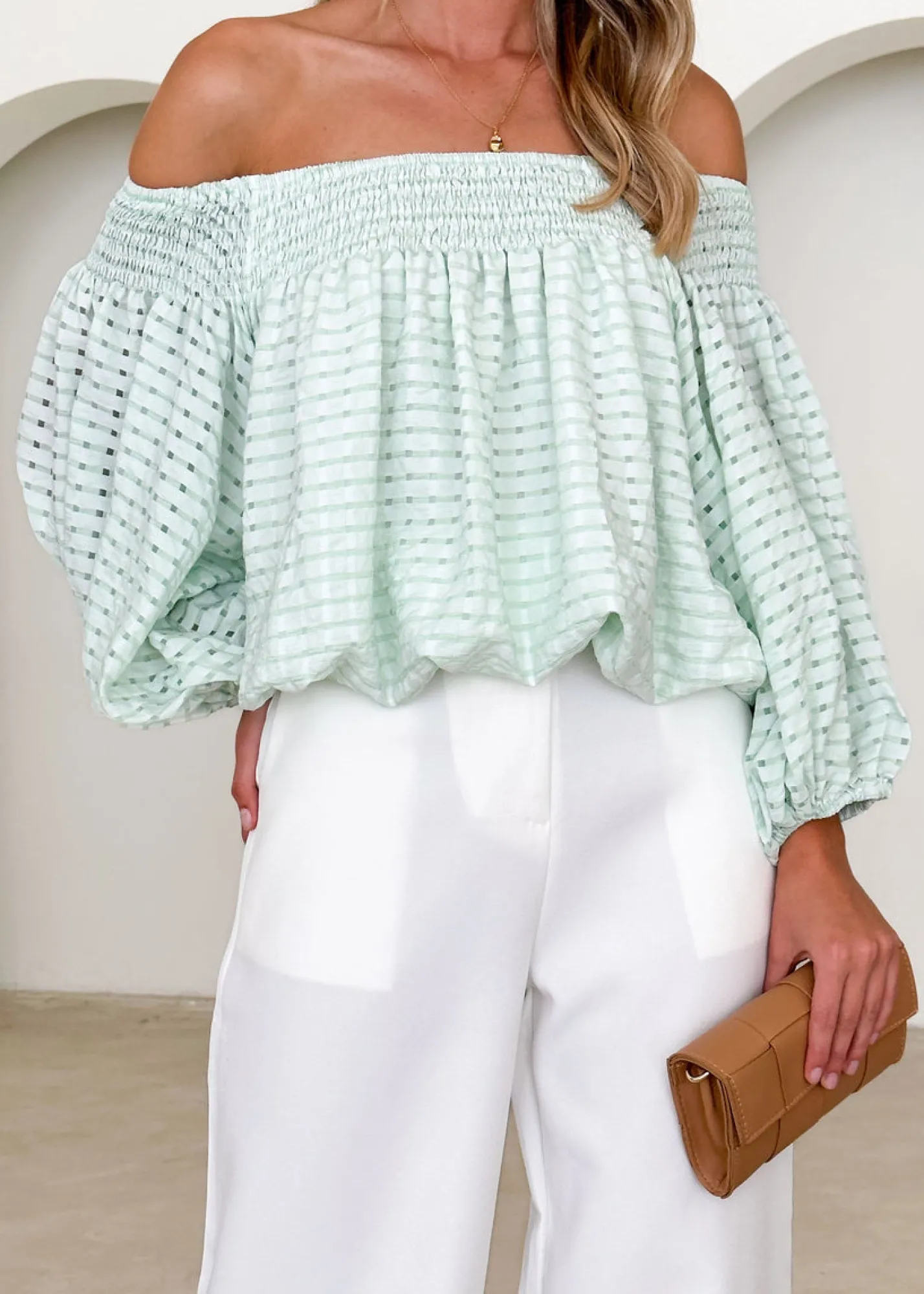 Women Gingham & Heels Blouses>Keke Off Shoulder Blouse