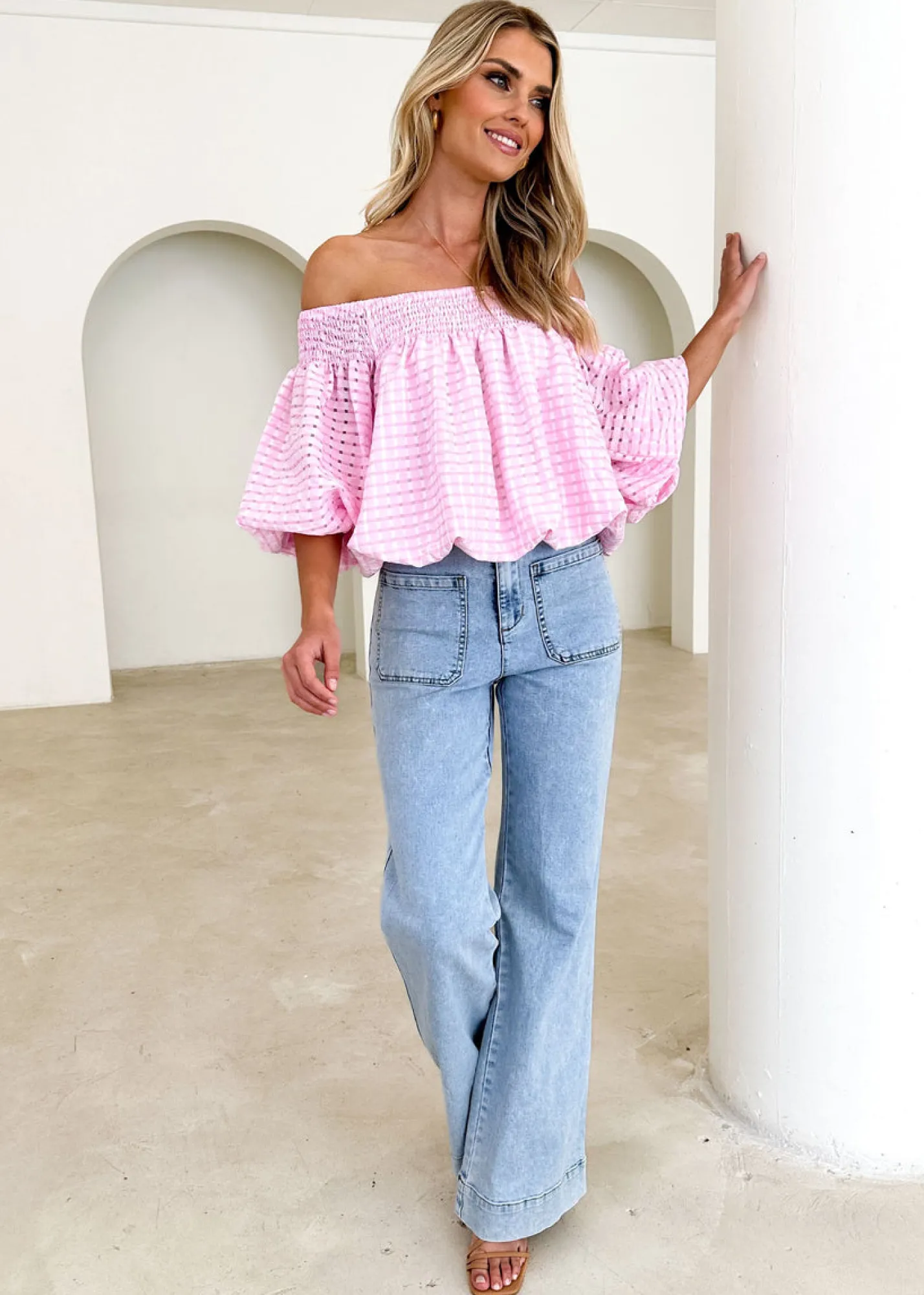 Women Gingham & Heels Off The Shoulder>Keke Off Shoulder Blouse