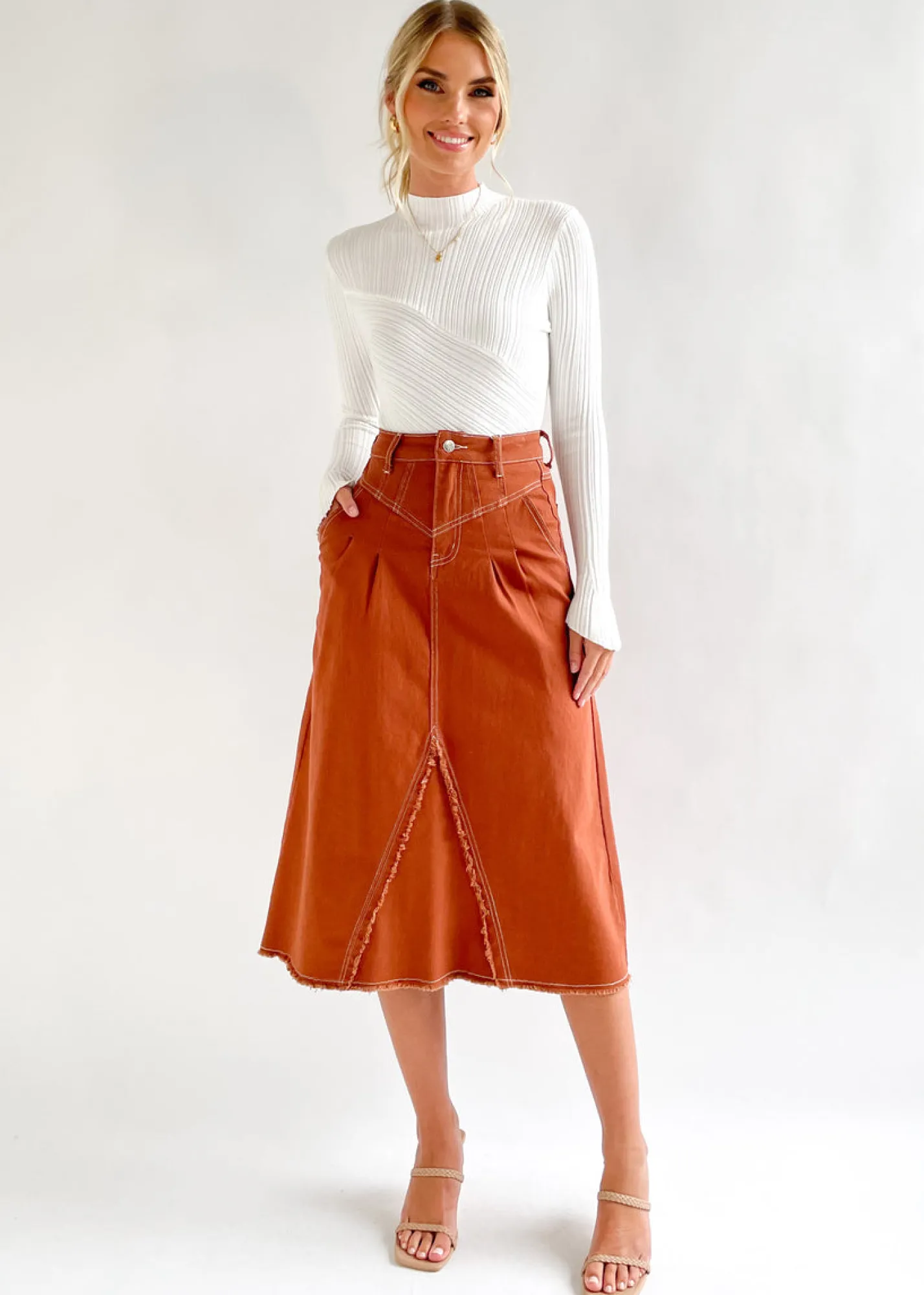 Women Gingham & Heels Skirts>Kierce Stretch Denim Midi Skirt