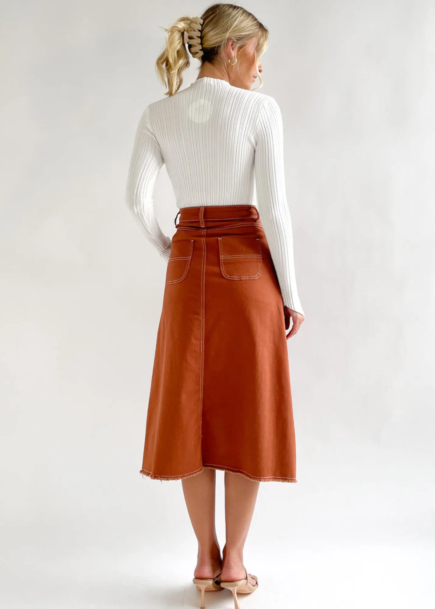 Women Gingham & Heels Skirts>Kierce Stretch Denim Midi Skirt
