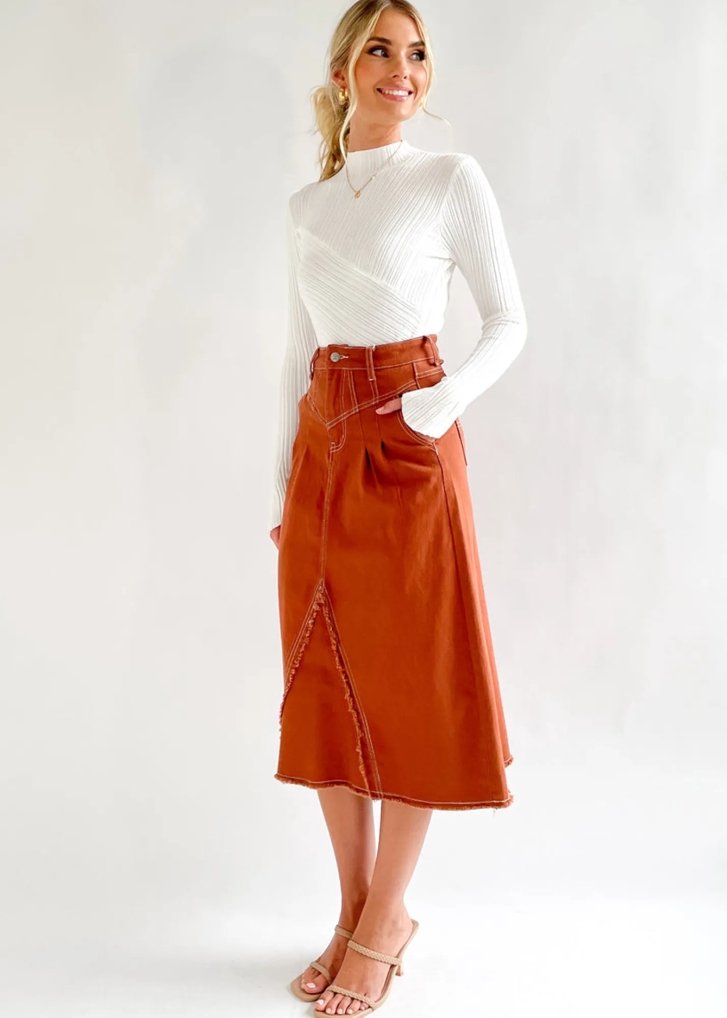 Women Gingham & Heels Skirts>Kierce Stretch Denim Midi Skirt