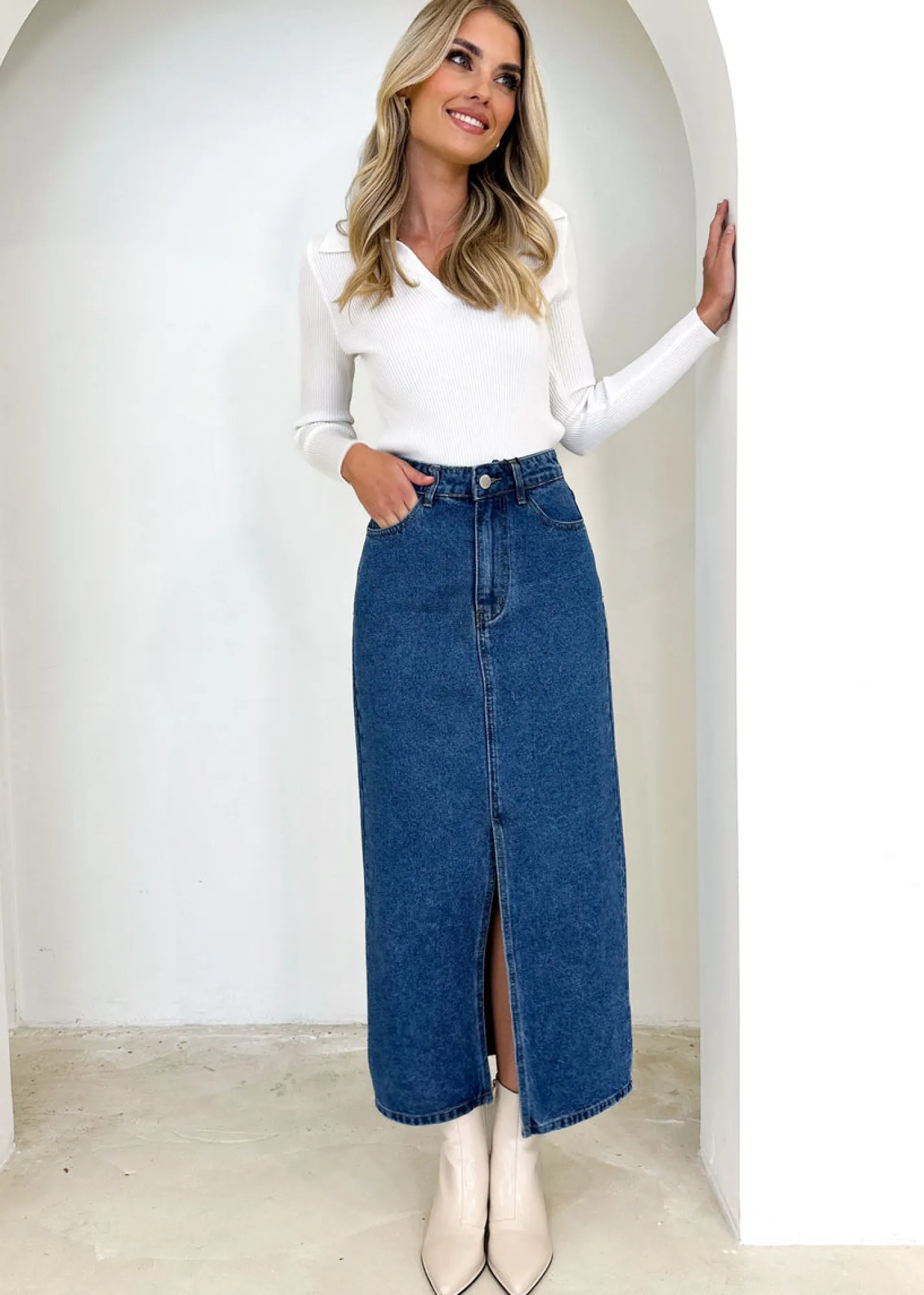 Women Gingham & Heels Skirts>Knoxxy Denim Midi Skirt