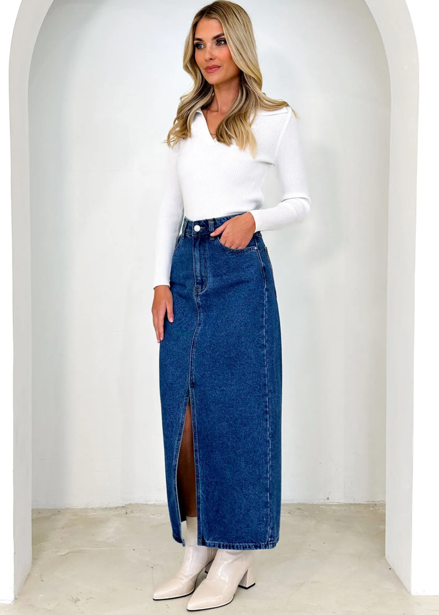 Women Gingham & Heels Skirts>Knoxxy Denim Midi Skirt