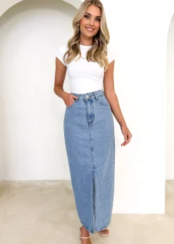 Women Gingham & Heels Skirts>Knoxxy Denim Midi Skirt