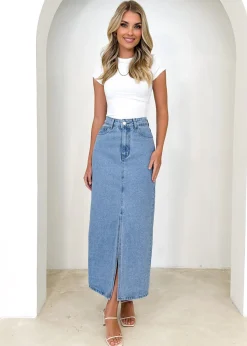 Women Gingham & Heels Skirts>Knoxxy Denim Midi Skirt