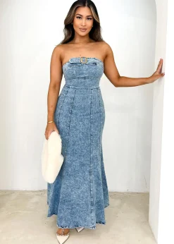 Women Gingham & Heels Maxi>Laili Strapless Denim Maxi Dress