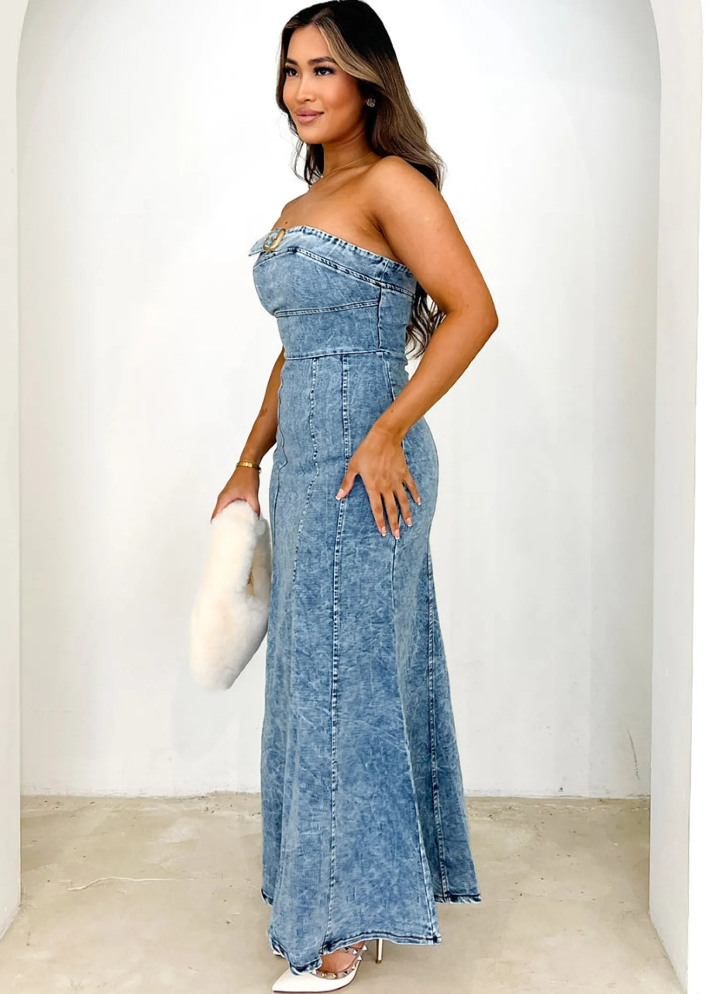 Women Gingham & Heels Maxi>Laili Strapless Denim Maxi Dress