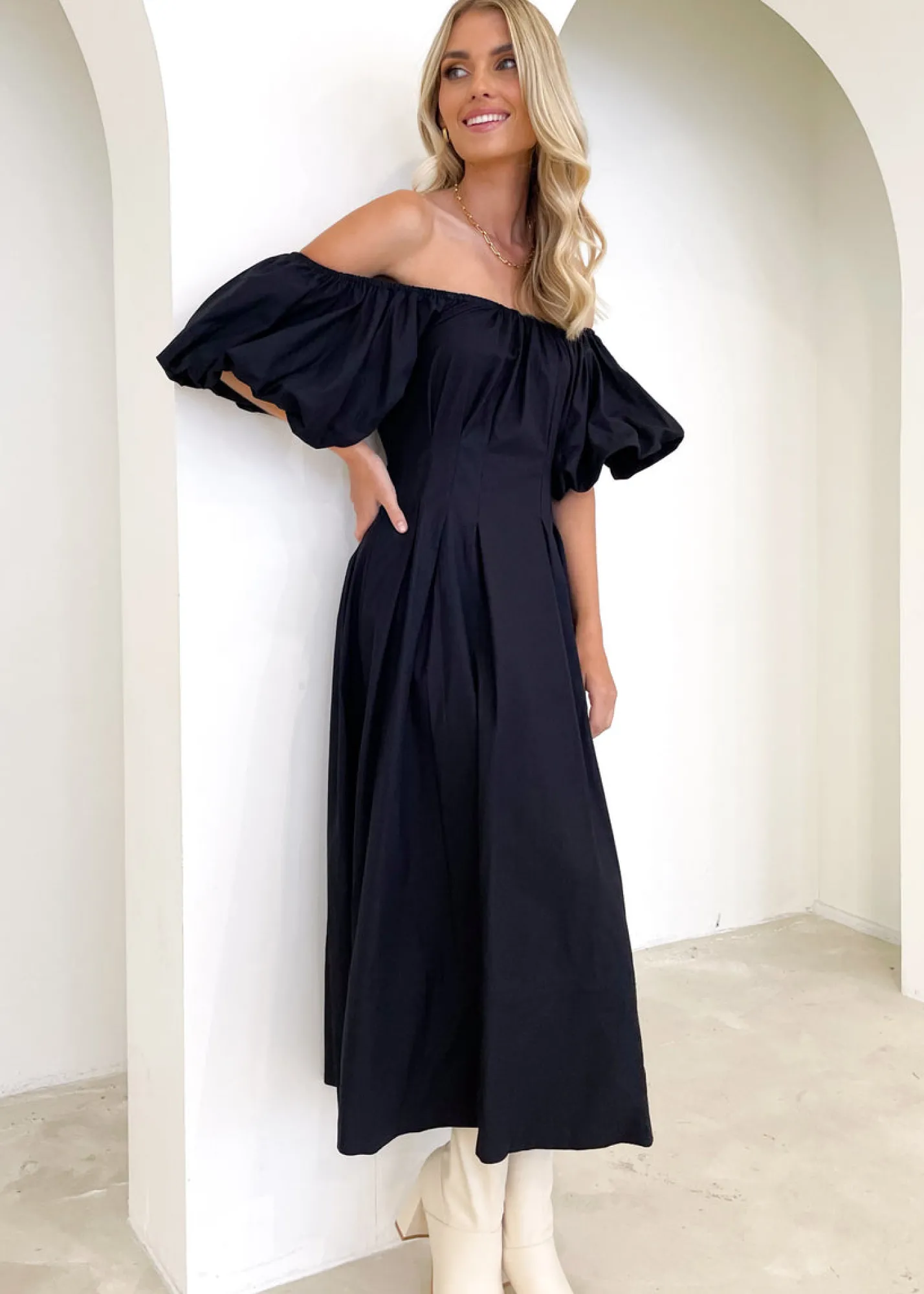 Women Gingham & Heels Maxi>Lessey Off Shoulder Maxi Dress