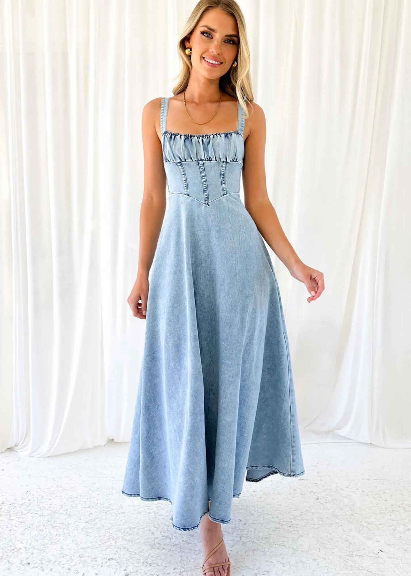 Women Gingham & Heels Midi>Lynda Stretch Denim Midi Dress