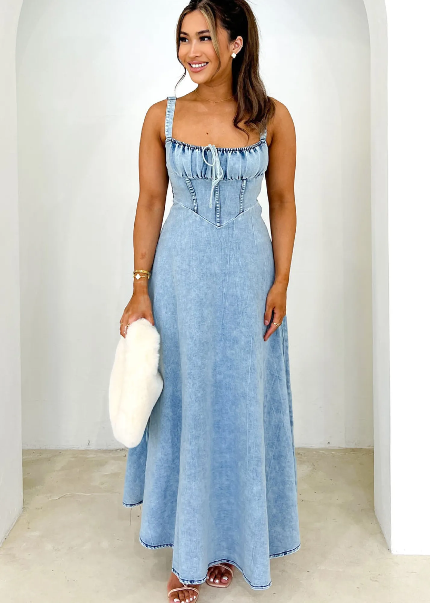 Women Gingham & Heels Midi>Lynda Stretch Denim Midi Dress