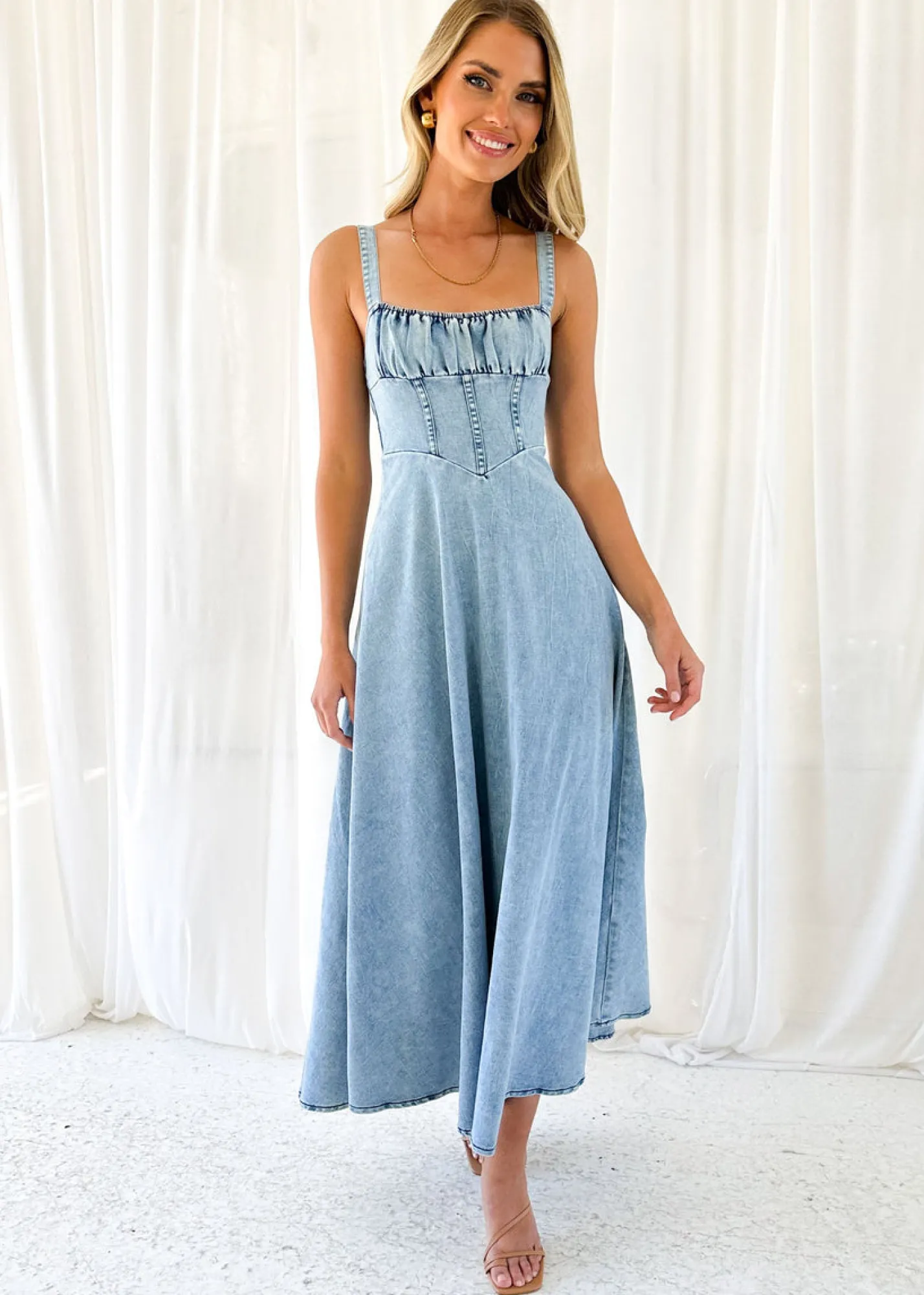 Women Gingham & Heels Midi>Lynda Stretch Denim Midi Dress