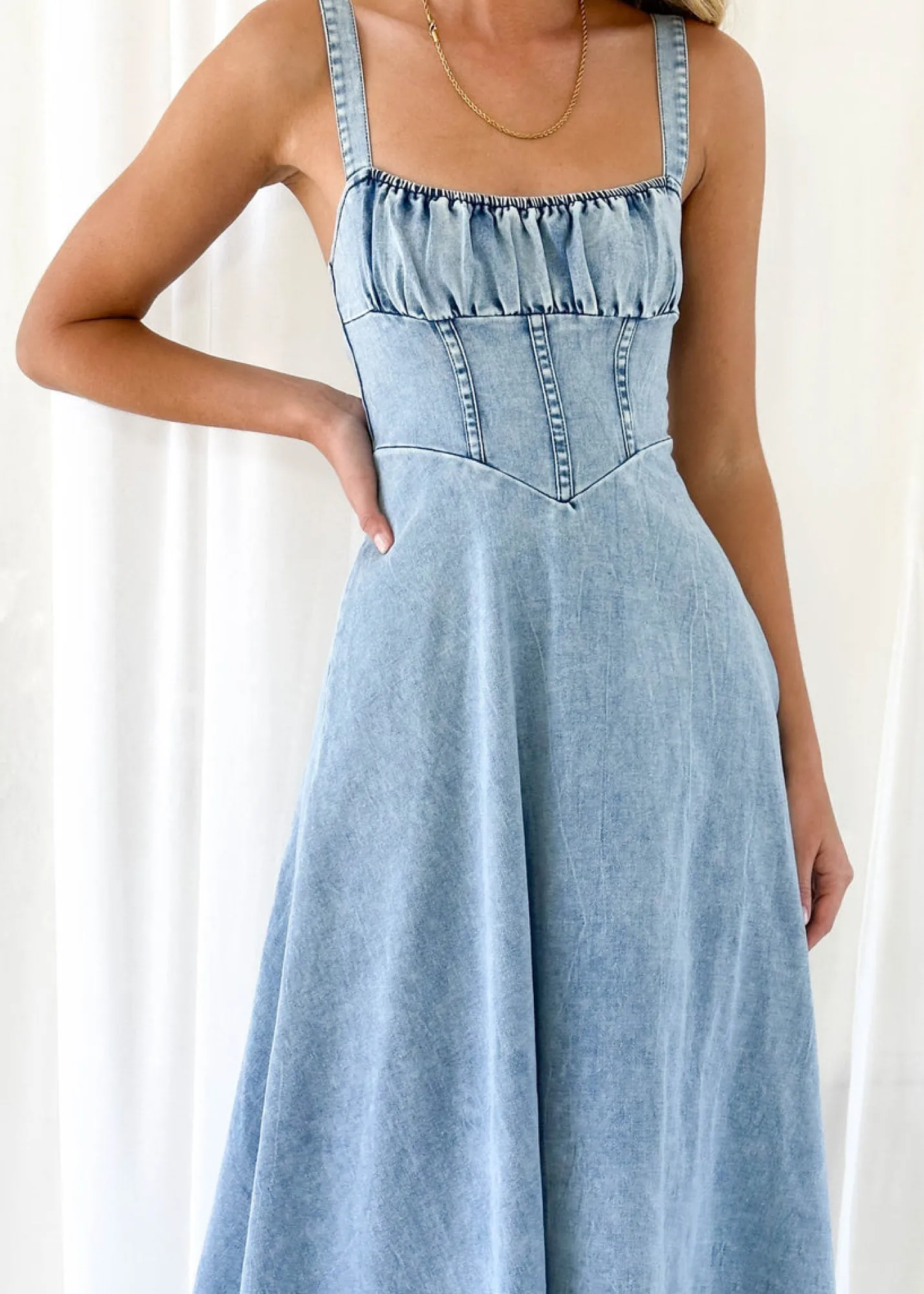 Women Gingham & Heels Midi>Lynda Stretch Denim Midi Dress
