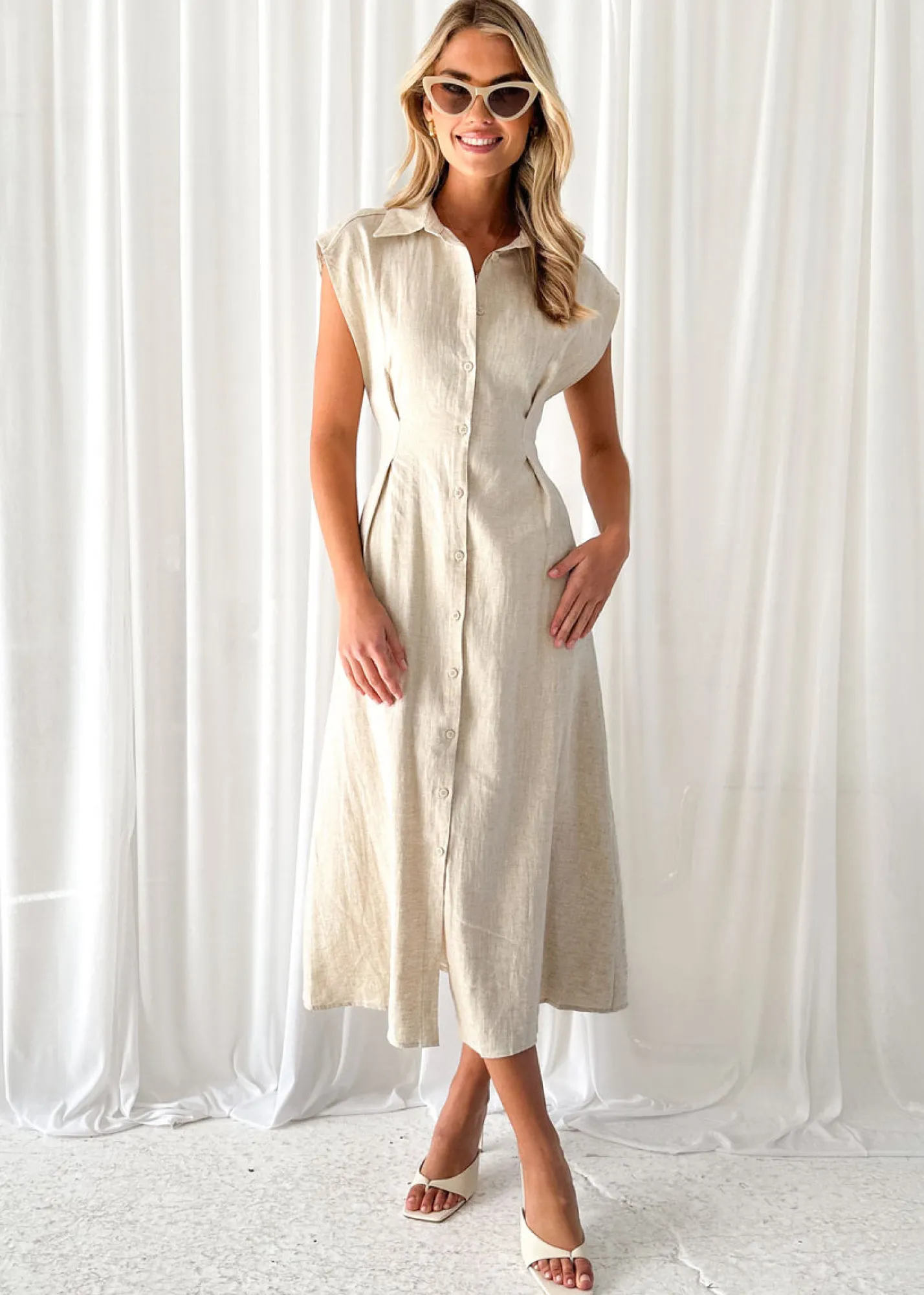 Women Gingham & Heels Midi>Makari Linen Midi Dress