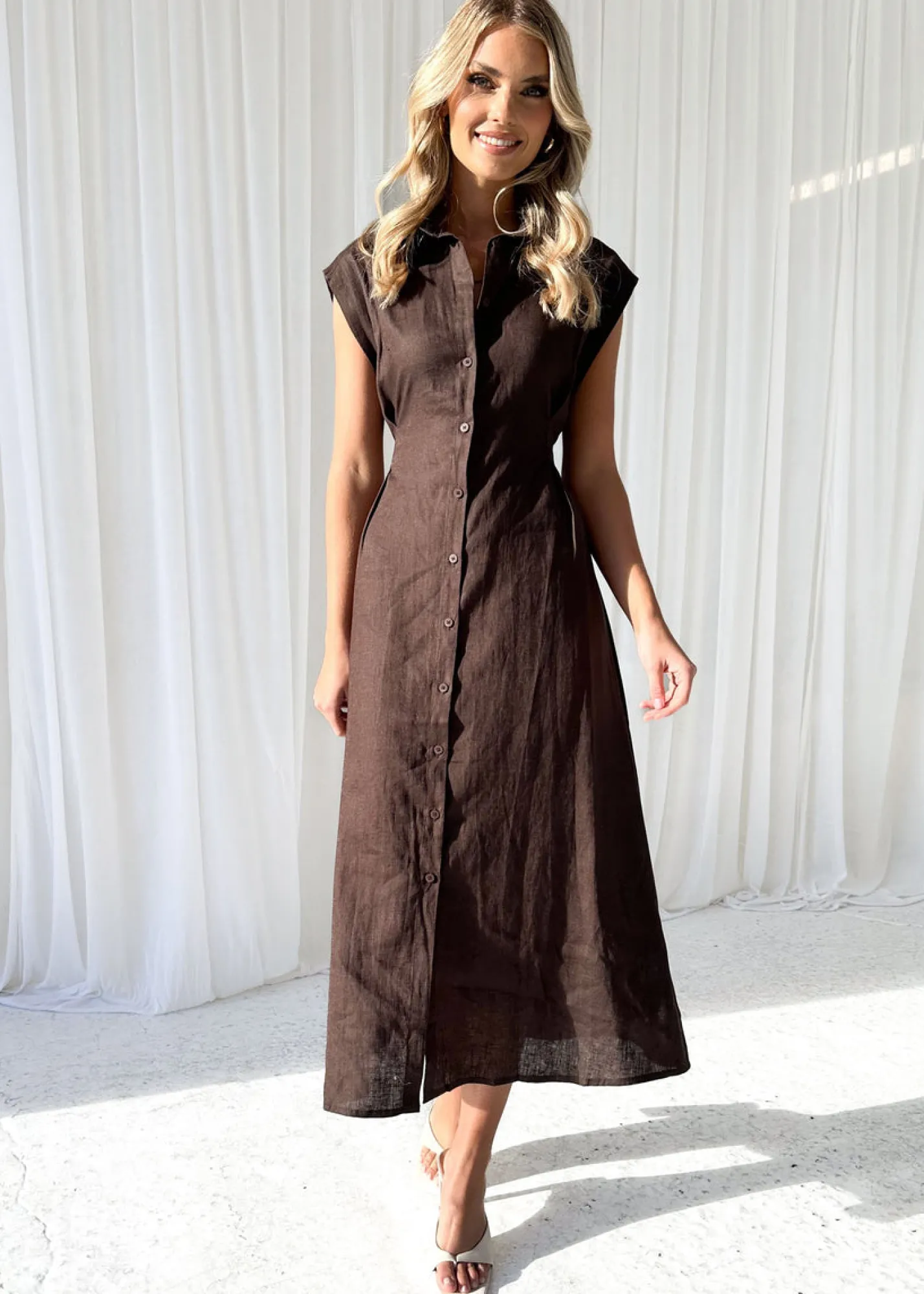 Women Gingham & Heels Midi>Makari Linen Midi Dress