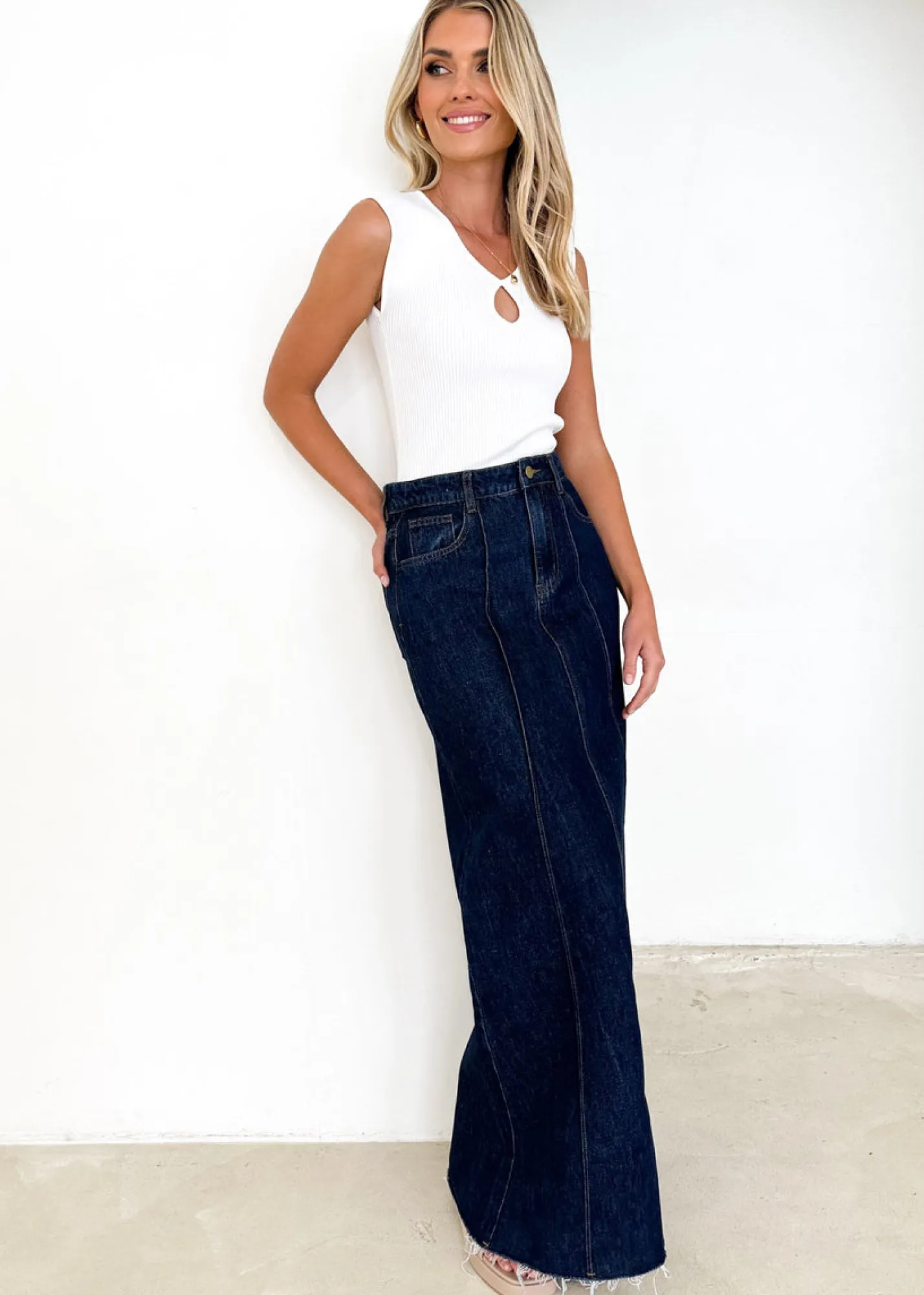 Women Gingham & Heels Skirts>Marylin Denim Maxi Skirt