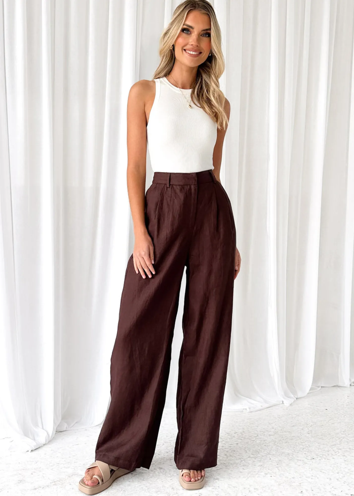 Women Gingham & Heels Sets>Meivi Linen Pants