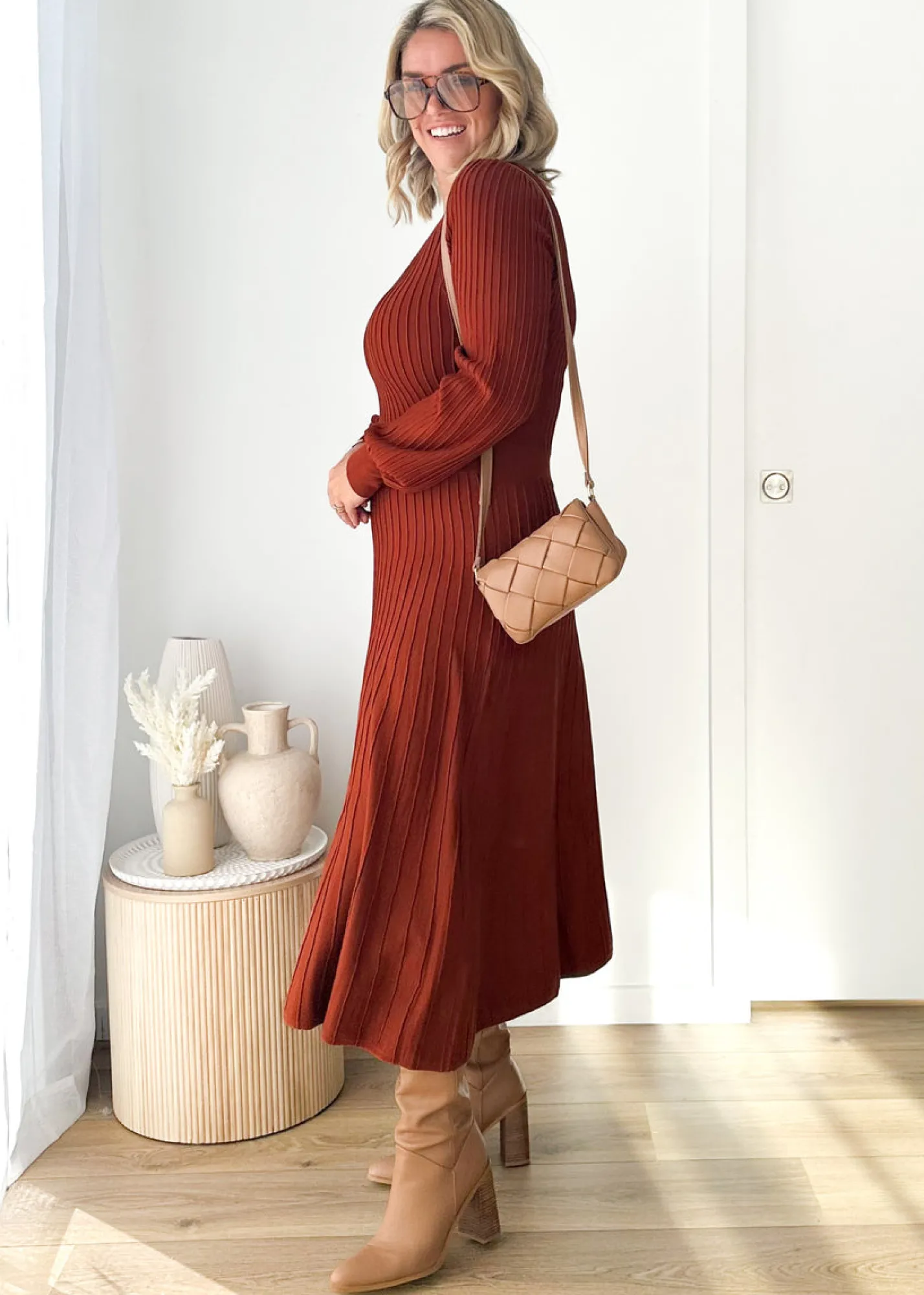 Women Gingham & Heels Knit Dresses>Orlah Knit Midi Dress