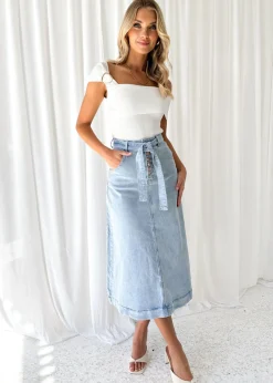 Women Gingham & Heels Skirts>Ramsie Stretch Denim Midi Skirt