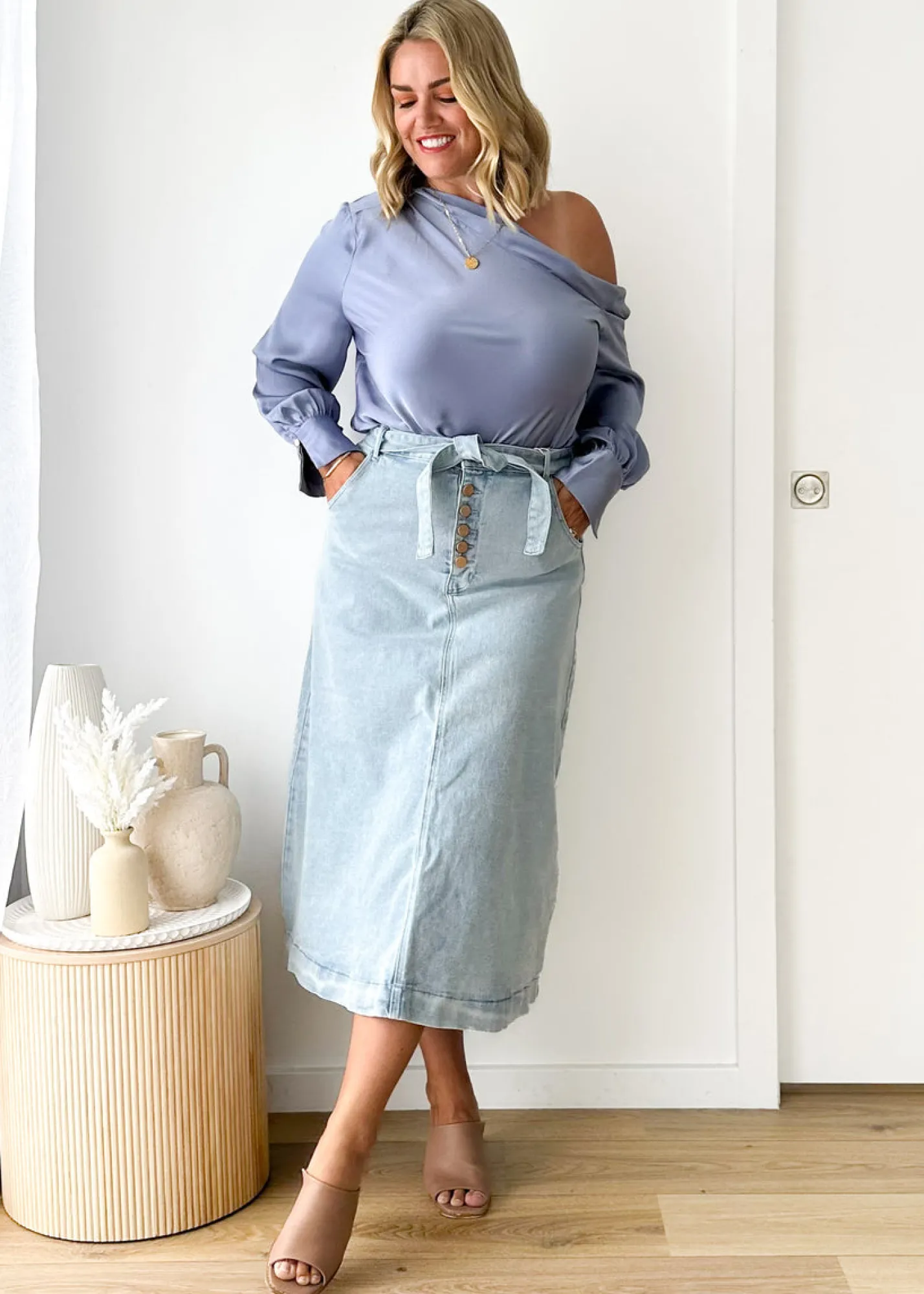 Women Gingham & Heels Skirts>Ramsie Stretch Denim Midi Skirt