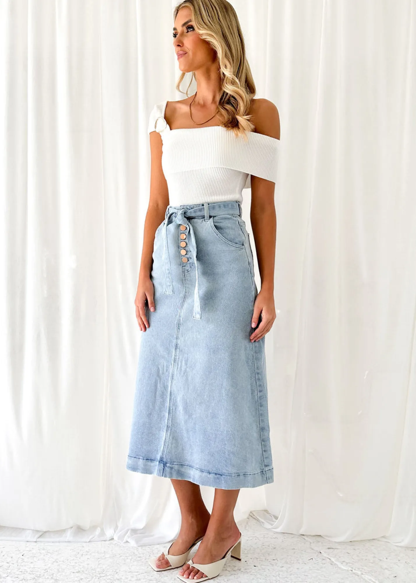 Women Gingham & Heels Skirts>Ramsie Stretch Denim Midi Skirt