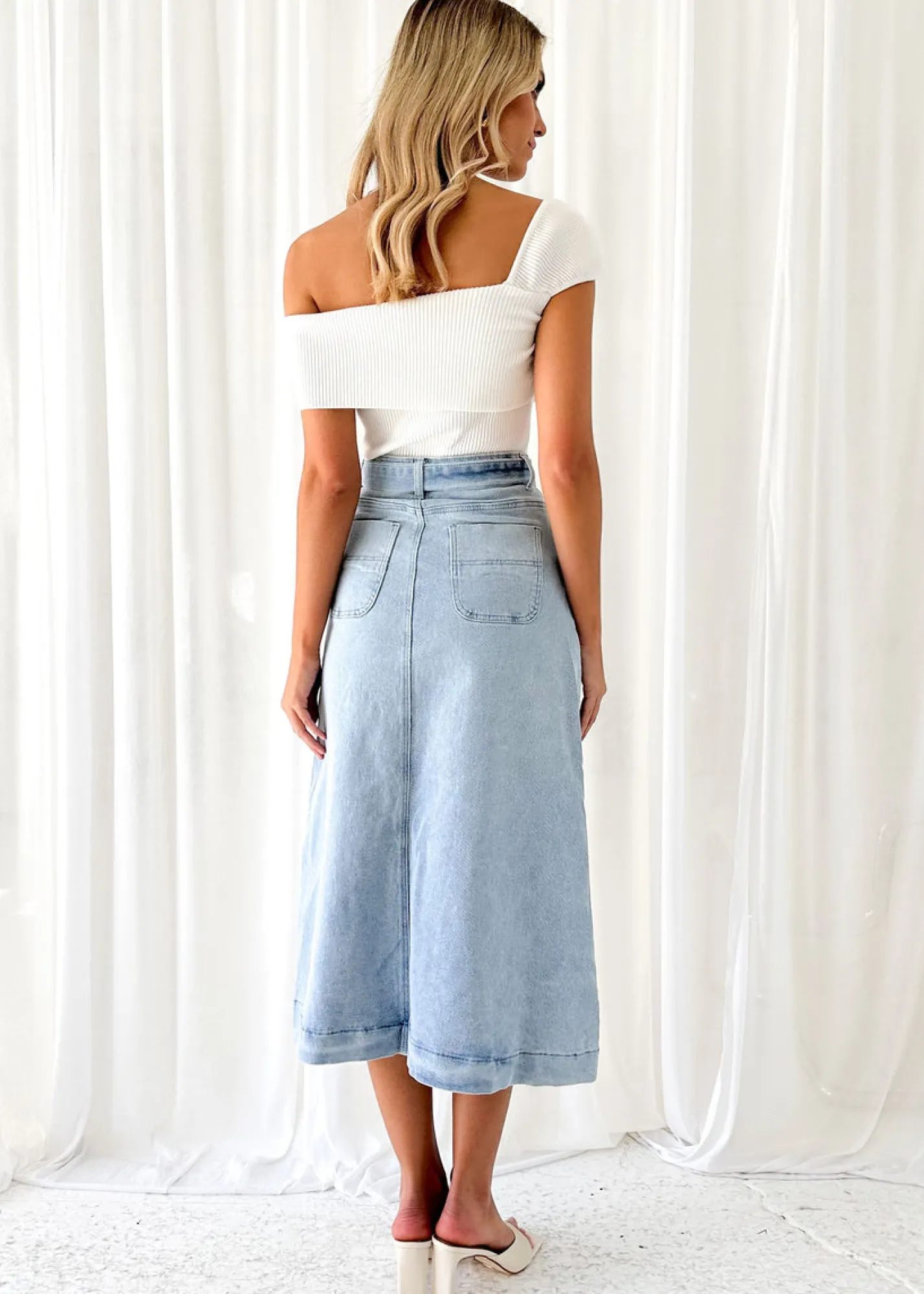Women Gingham & Heels Skirts>Ramsie Stretch Denim Midi Skirt