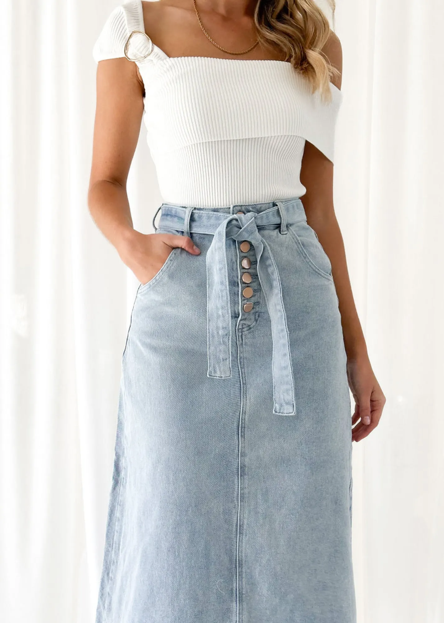 Women Gingham & Heels Skirts>Ramsie Stretch Denim Midi Skirt