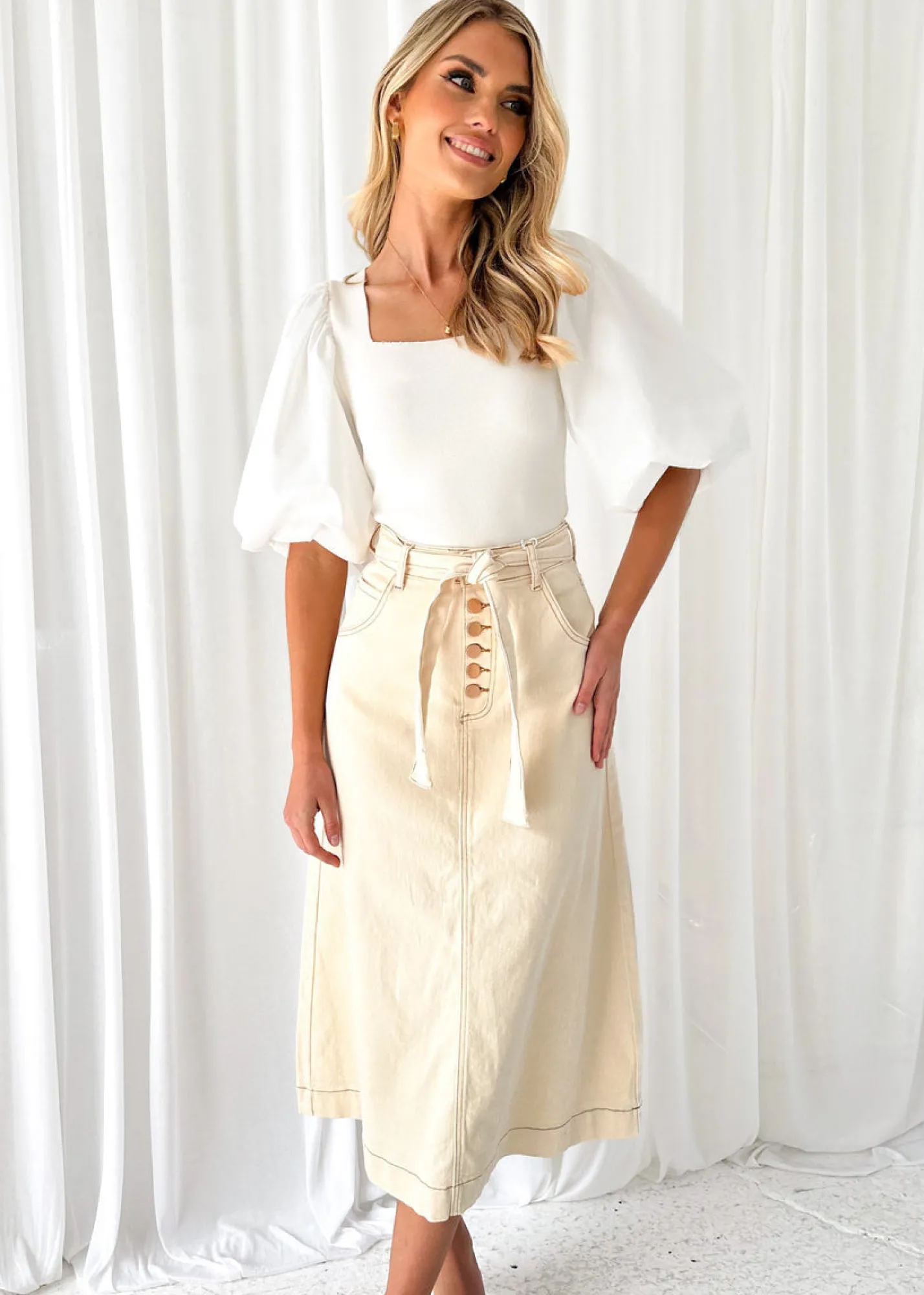 Women Gingham & Heels Skirts>Ramsie Stretch Denim Midi Skirt